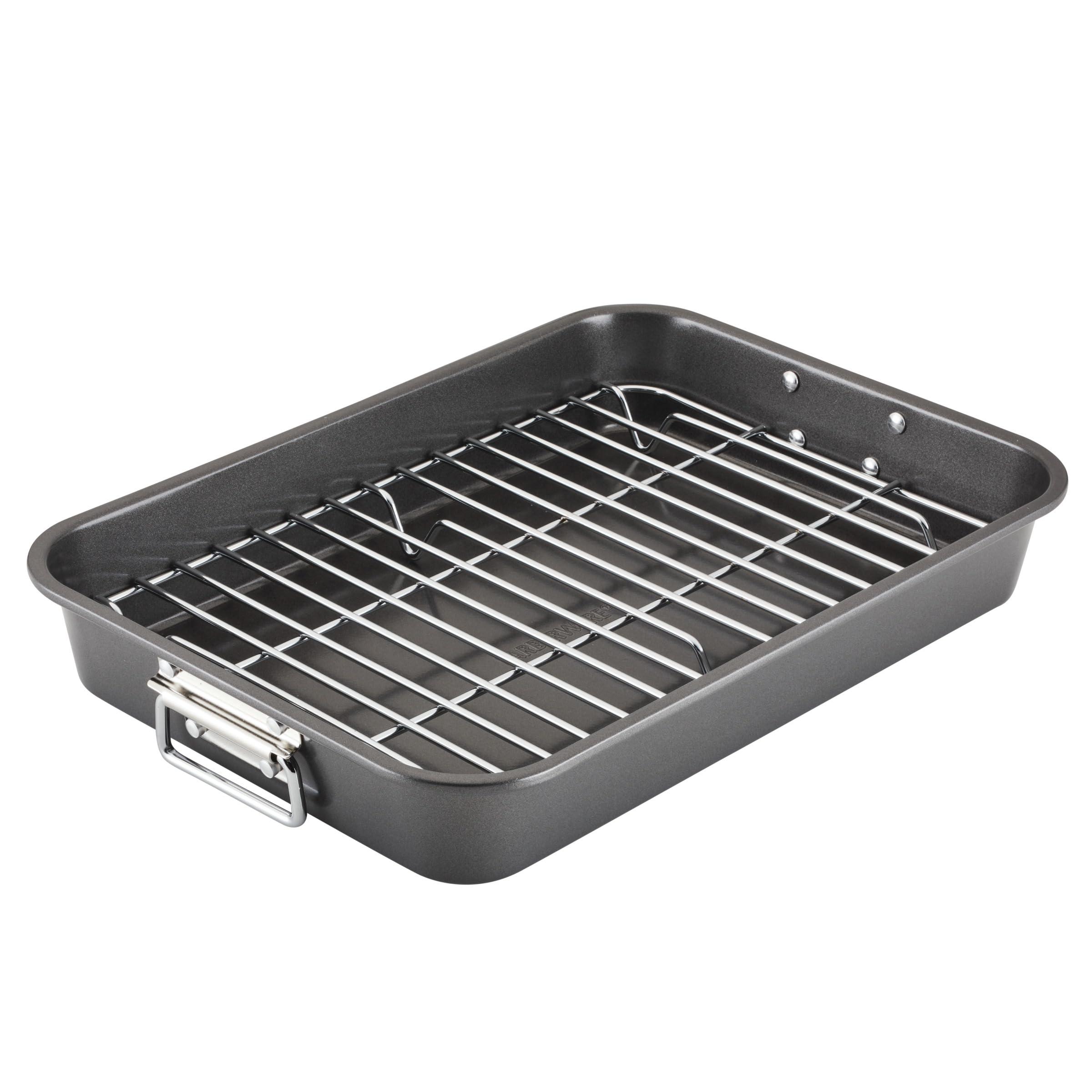 Farberware Farberware Bakeware Nonstick Steel Roaster with Flat Rack, 11-Inch x 15-Inch, Gray