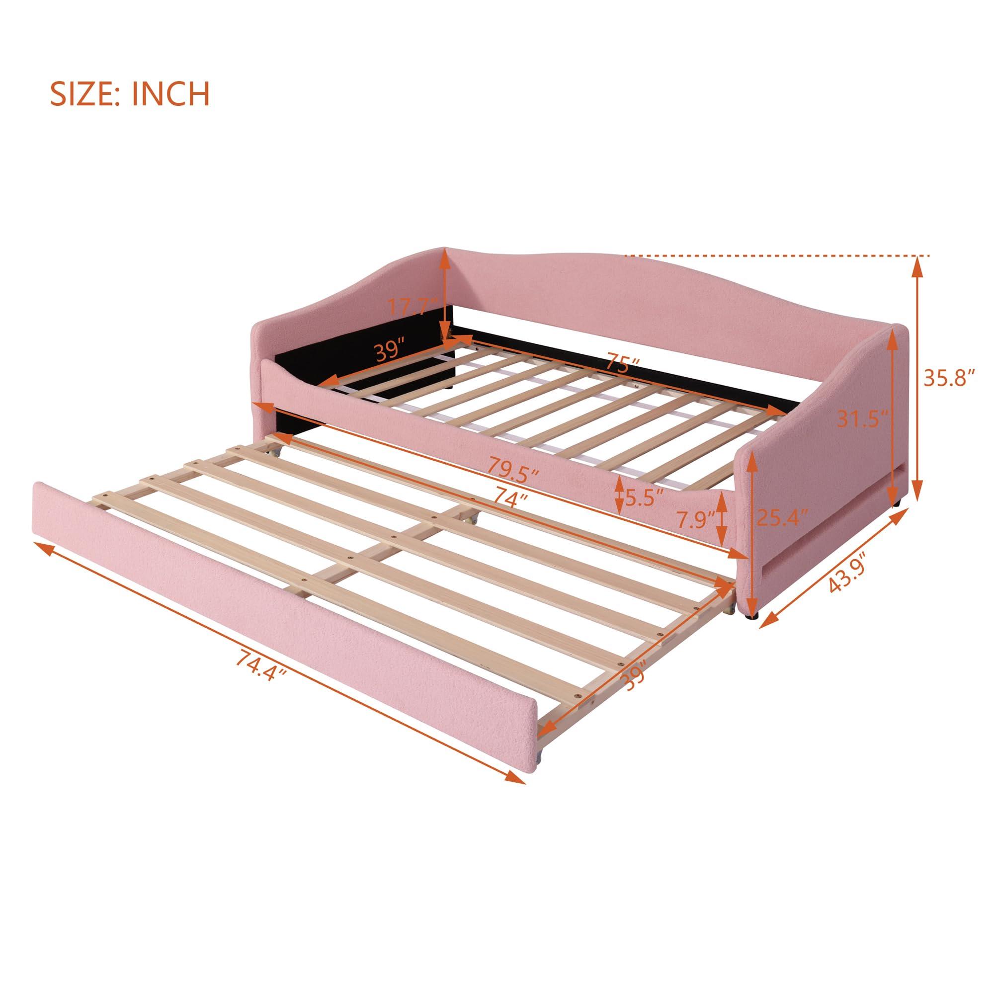 MERITLINE MERITLINE Twin Size Upholstered Daybed with Trundle and LED Light, Teddy Fleece Sofa Bed Frame, Wood Twin Trundle Bed for Bedroom Living Room, Pink