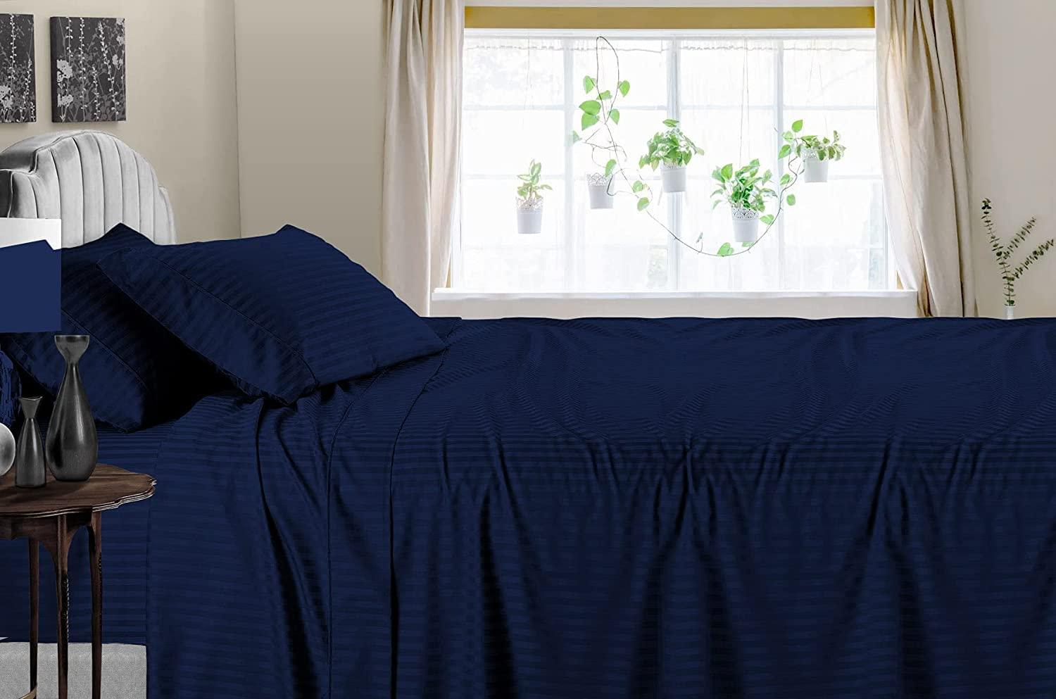DIFFERENT SHEETING DIFFERENT SHEETING Cotton Sheets Set 4 Piece, 100% Egyptian Cotton 600 Thread Count, Fitted Sheets fitt Upto 18 Inch Deep Pocket, Crisp Cool and Strong Bed Linen Set- Navy Blue Stripe Full XL Size