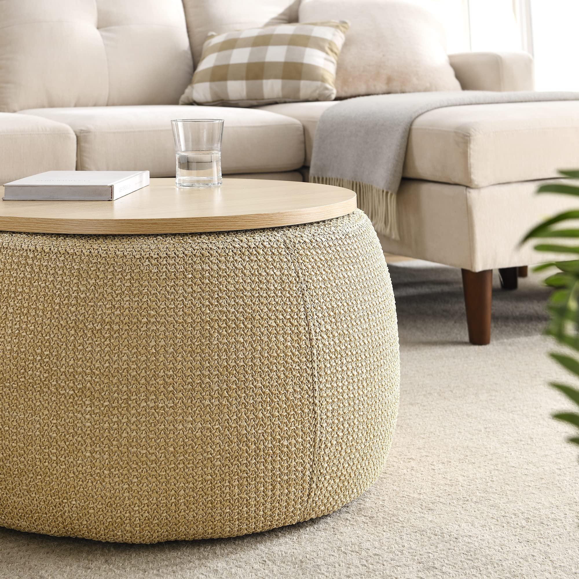 Kakotito Kakotito Modern Round Storage Ottoman with Wooden Lid,Circle Ottoman Handmade Ottoman Coffee Table,End Table & Footstool for Living Room (Natural)