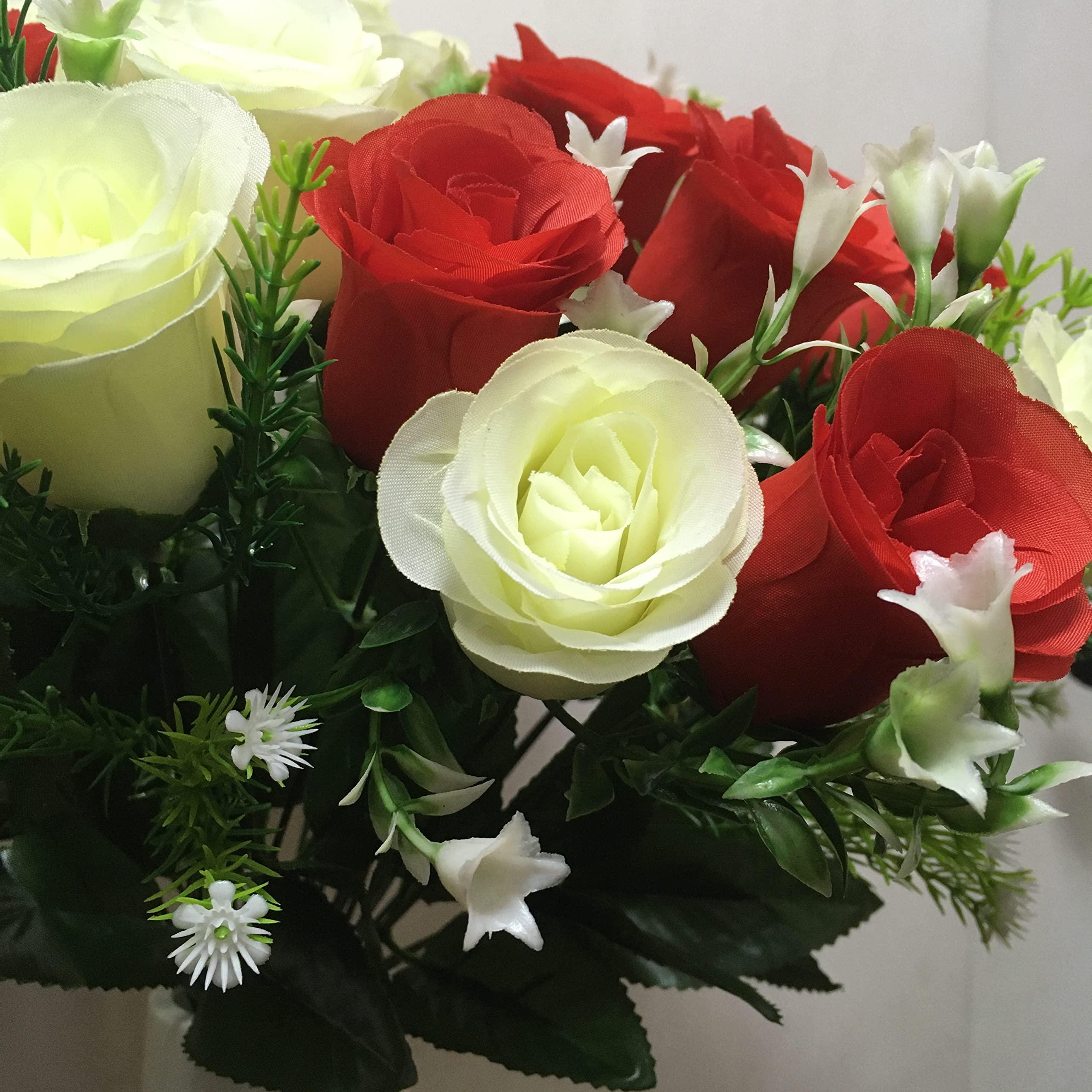 Gritech Gritech Silk Flowers Cemetery Flowers Roses Artificial Flowers for Graves & Memorials- Arrangements for Headstones- Lifelike, Florist-Arranged Bouquet (Red/White, 2)