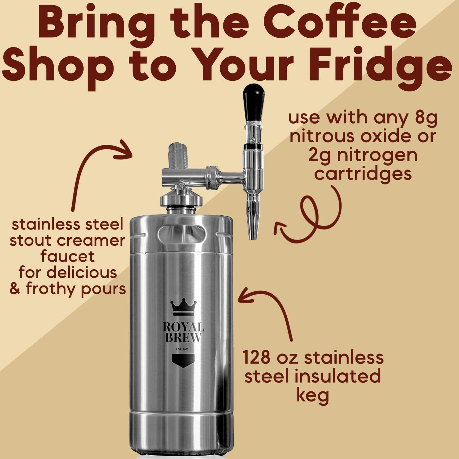 ROYAL BREW EST. 1987 The Original Royal Brew Nitro Cold Brew Coffee Maker - Gift for Coffee Lovers - 128 oz Extra Large Home Keg, Nitrogen Gas System Coffee Dispenser Kit