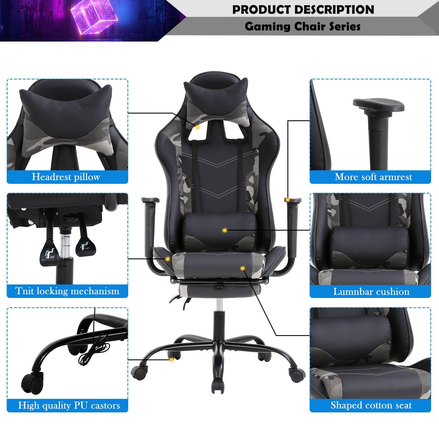Haiput Wam Gaming Chair, Height Adjustable Swivel Rolling Chair with Headrest Footrest and Massage Lumbar Support, PU High Back Ergonomic PC Chair for Office or Gaming, Office Gaming Chair