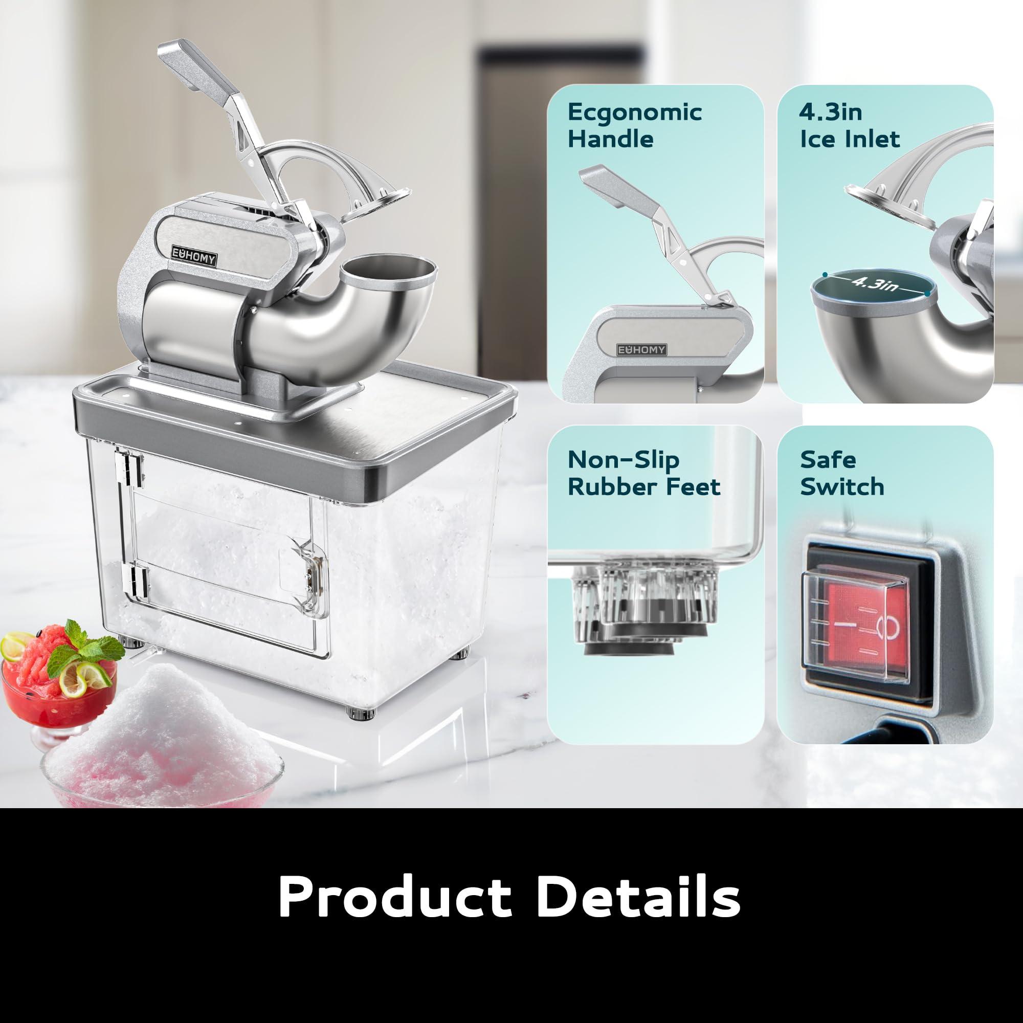EUHOMY EUHOMY Commercial Ice Crusher, 661Lbs/H, ETL Approval, Snow Cone Machine with Dual Blades, Easy-to-Clean, 300W Electric Shaved Ice Machine with Safety Switch for Both Home & Commercial Use (Silver)
