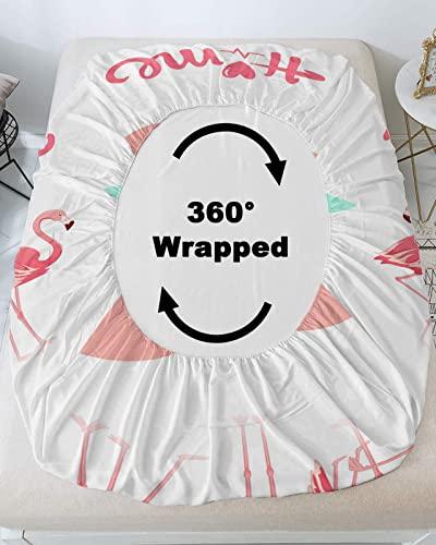 ZFUNCING Romantic Summer Flamingo Love Heart Tropical Animal Fitted Bed Sheets Twin Size Fit 5-16inch Deep Pockets,Luxury Bottom Sheet Bedding Set with Pillow Case,Pink White Fitted Sheet for Mattress