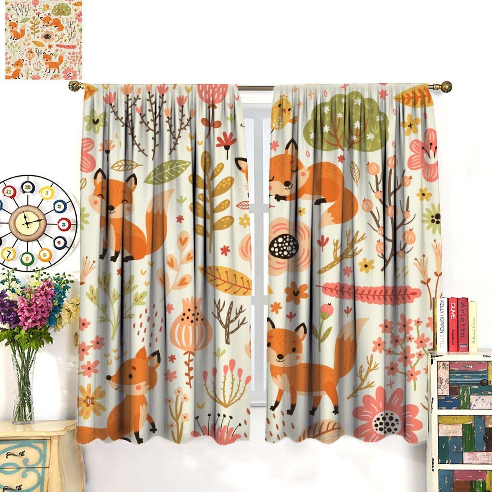 QLYYDS Cartoon Animal Curtains Autumn Forest Flowers Fox Bird Print Pattern Window Drapes for Nursery Baby Bedroom Playroom Fabric 2 Panel W42xL84in