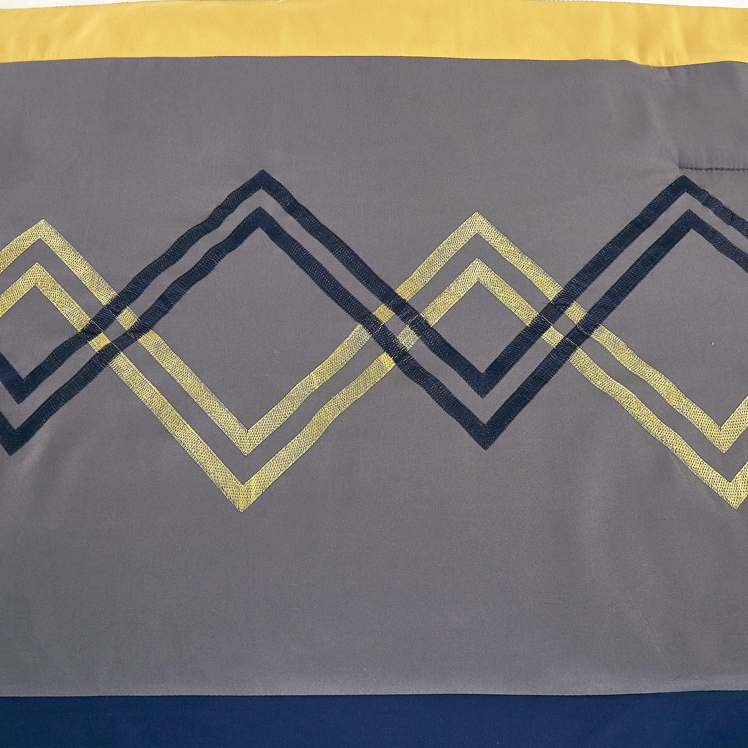 Chezmoi Collection Chezmoi Collection Arden 7-Piece Modern Pleated Stripe Embroidered Zigzag Bedding Comforter Set (King, Navy/Gray/Yellow/White)