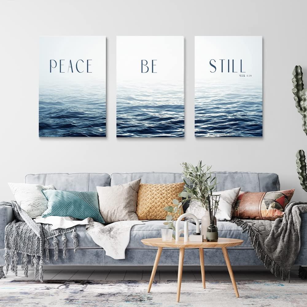 SKYSUKEY SKYSUKEY Modern Blue Ocean Canvas Wall Art Christians Wall Art Scripture Wall Decor \"Peace! Be Still! Mark 4:39\" Inspirational Bible Verse Wall Art Calmful Pictures Calm Sea Canvas Prints Seascape Canvas Prints Framed,Set 3,24\"x36\"