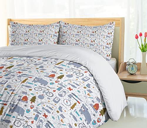 Lunarable Lunarable Camping Duvet Cover Set, Cartoon Bear Tent and Compass Outdoor Hobby Theme Hiking Doodle, Decorative 2 Piece Bedding Set with 1 Pillow Sham, Twin Size, Vermilion Bluegrey