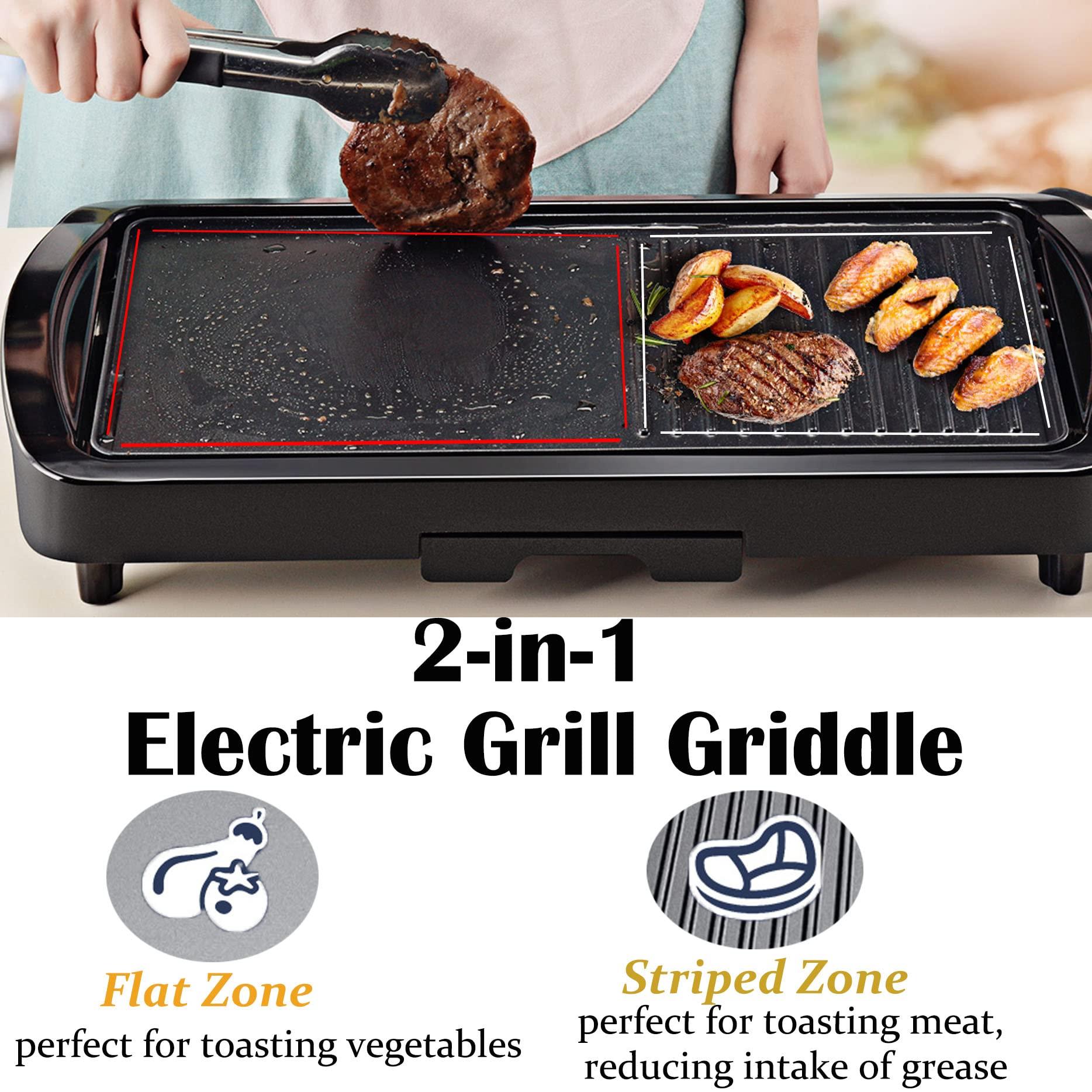 Vestynska 2-in-1 Large Nonstick Electric Griddle, 1600W Pancake Griddle, Heat Up Fast Evenly Smokeless Griddle Pan, Temperature Control, Non-stick Coating, Drip Tray, for Meal Indoor BBQ Grill Party (21\'\'x11\'\')