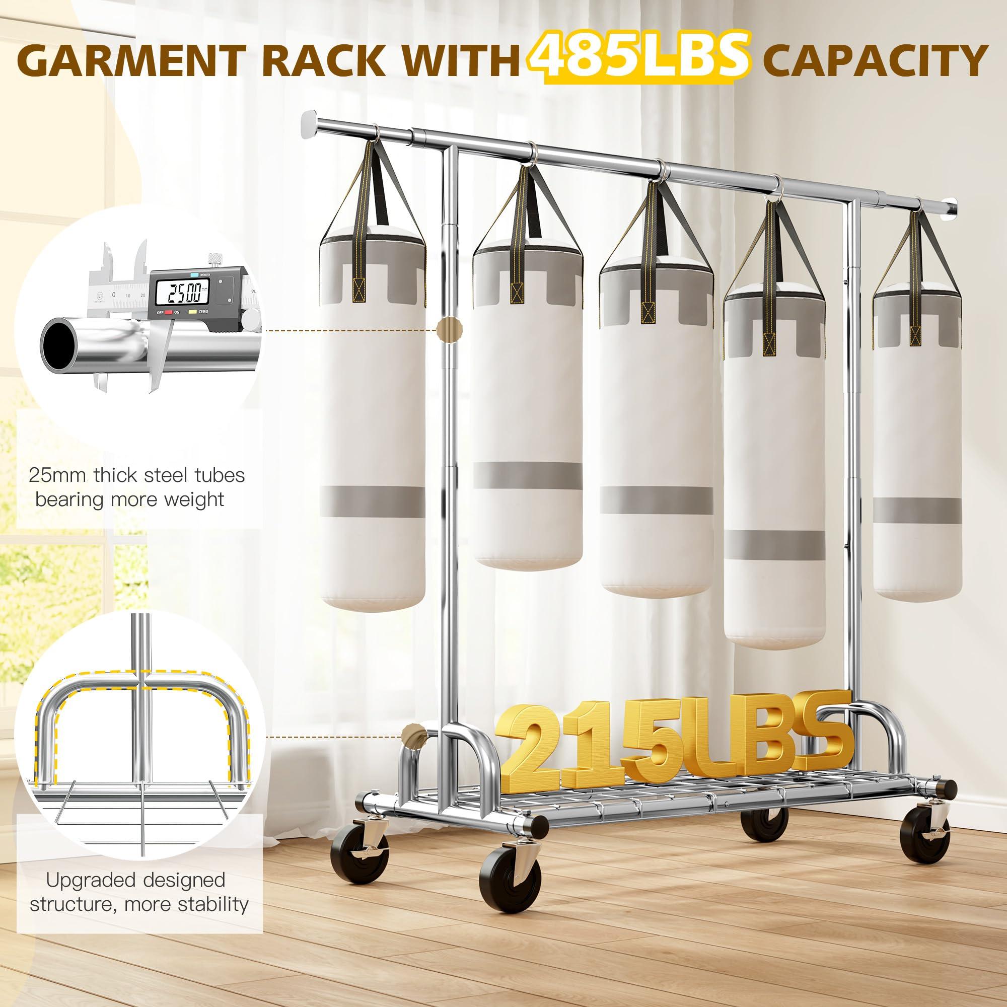 Raybee Raybee Heavy Duty Clothes Rack, Clothing Rack Load 485 LBS, Metal Garment Rack, Rolling Clothes Racks for Hanging Clothes, Portable Clothes Rack with Sturdy Wheels