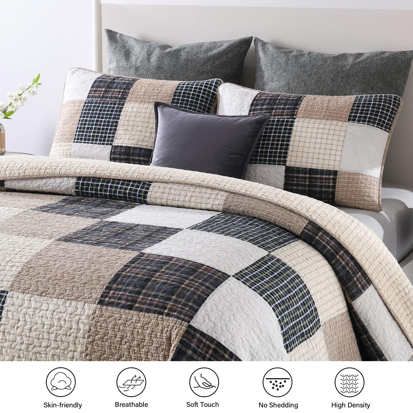 Y-PLWOMEN Y-PLWOMEN Quilts Queen Size, 100% Cotton Queen Quilt Set, Brown Khaki Black White Patchwork Plaid Queen Size Bedspread, Lightweight Reversible Soft Summer Quilt Bedding Set, 3-Pieces