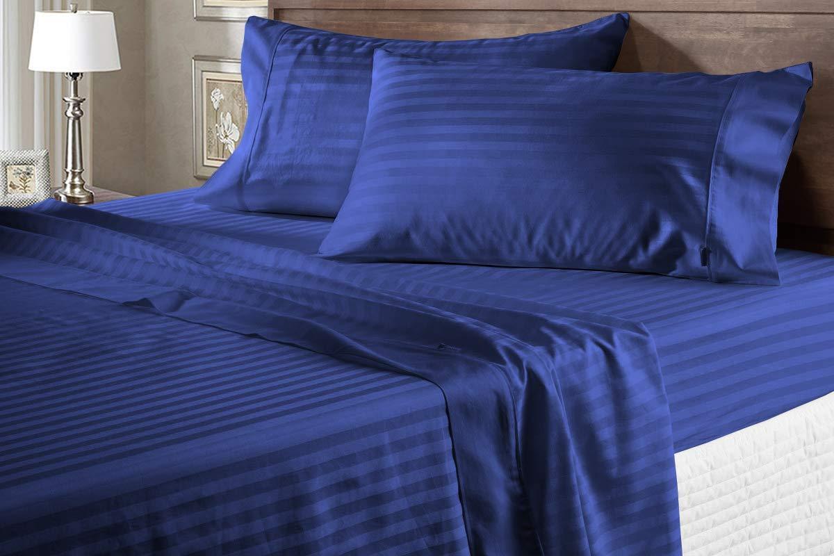 AMAY AMAY Luxury Soft 100% Egyptian Cotton 6pc Sheet Set Sateen Weave 800 TC Emperor Size, Fits Mattress Upto 14-16\'\' Deep Pocket, Royal Blue Stripe