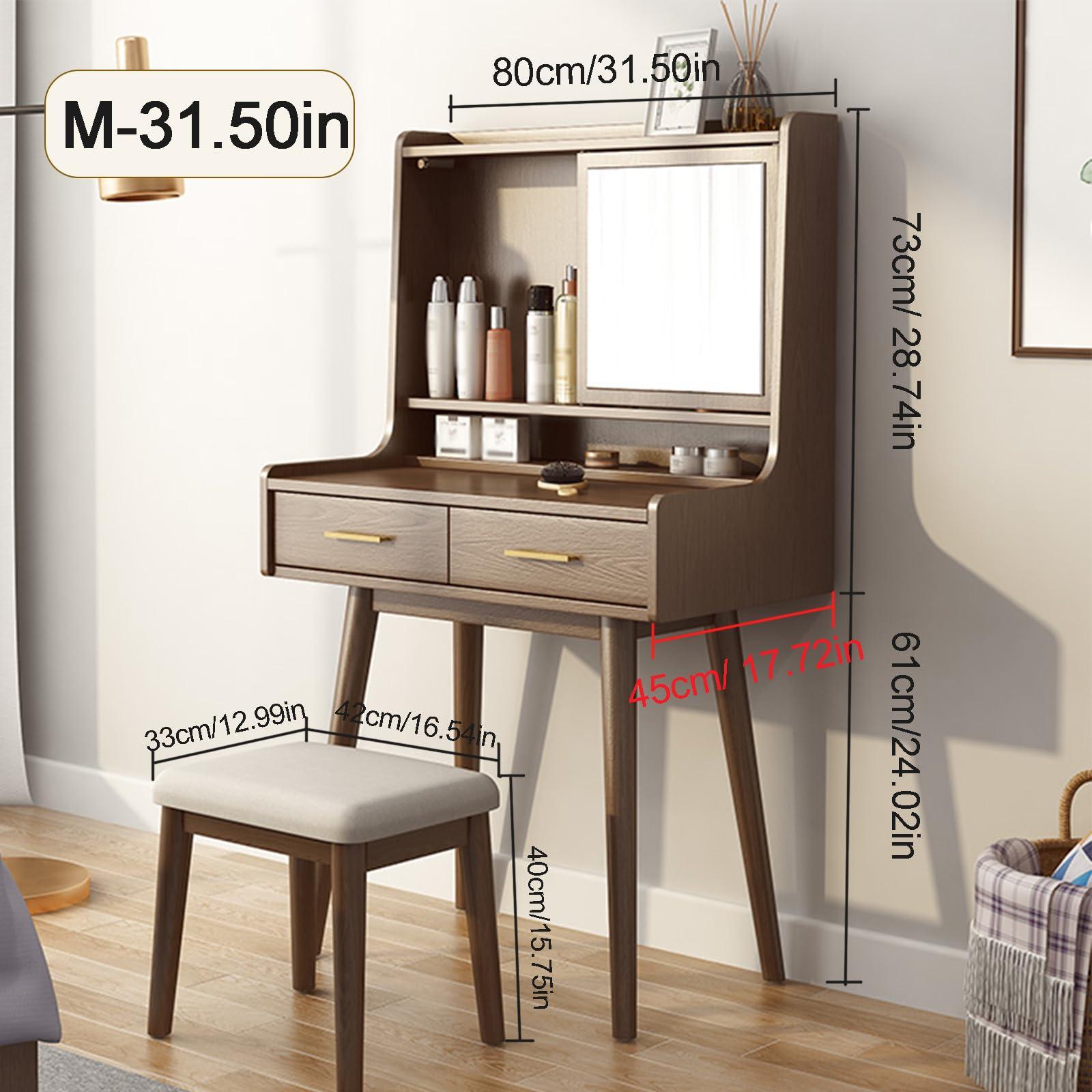 LEYANSHANGMAO Generic Nordic-Style Dressing Table with Flip Top Mirror and Stool for Small Bedrooms - Modern, Minimalist, and Luxurious Makeup Vanity (Wood Color, M-80cm/31.50in)