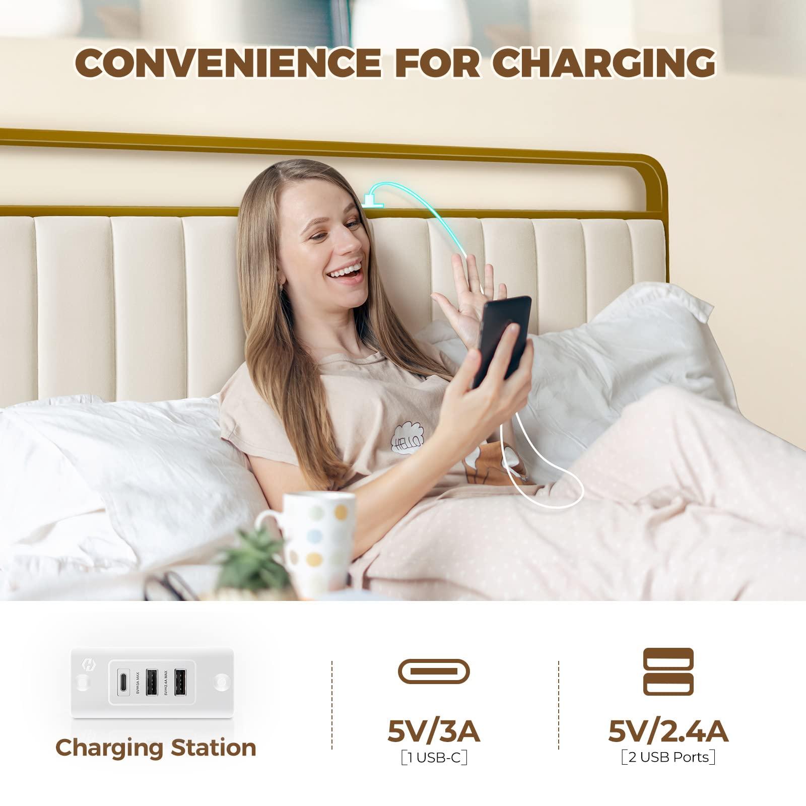 Rolanstar Rolanstar Queen Size Bed Frame with LED Light and Charging Station, Upholstered Headboard and Footboard, Metal Slat, Noise Free, Easy Assembly, Golden