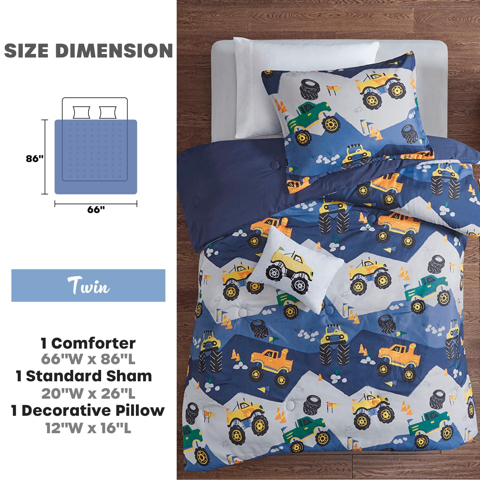 MI ZONE KIDS Mi Zone Kids Twin Comforter Set for Boys 3 Piece Monster Truck Comforter Set, Twin Size Bedding Set, Teen Bed Set, Microfiber Bedding Set, Matching Sham, Embroidered Truck Throw Pillow, Twin, Blue