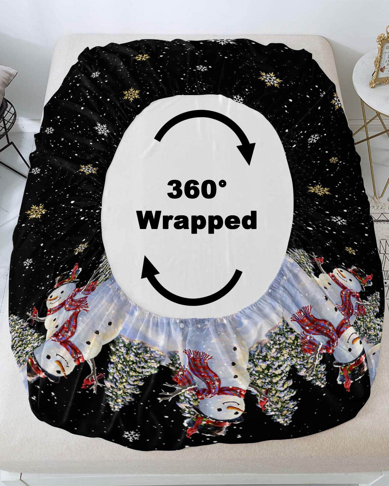 Alandar Home King Fitted Bed Sheet Deep Pocket,Merry Christmas Snowman Christmas Tree Bedding Sheet Soft Brushed Microfiber Fitted Sheets,Winter Snowflakes Black Hotel Luxury Fitted Bottom Sheet Pillowcase Set