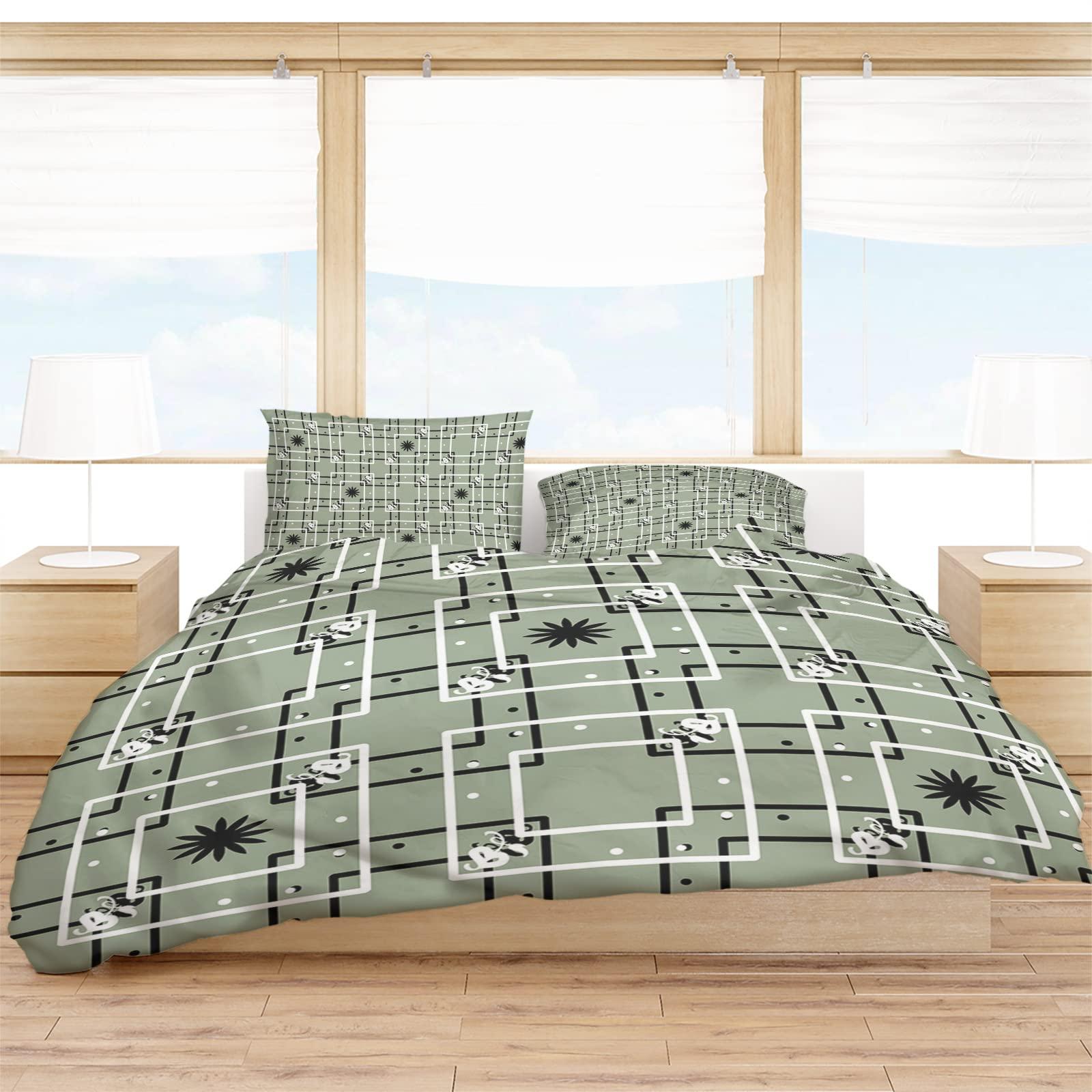 Debedcor Cal. King Comforter Covers Sets Black White Geometric 4 Piece Duvet Cover Set Lightweight Microfiber Soft Bedding Set for Adult Teen, Box Plaid Polka Dot Green