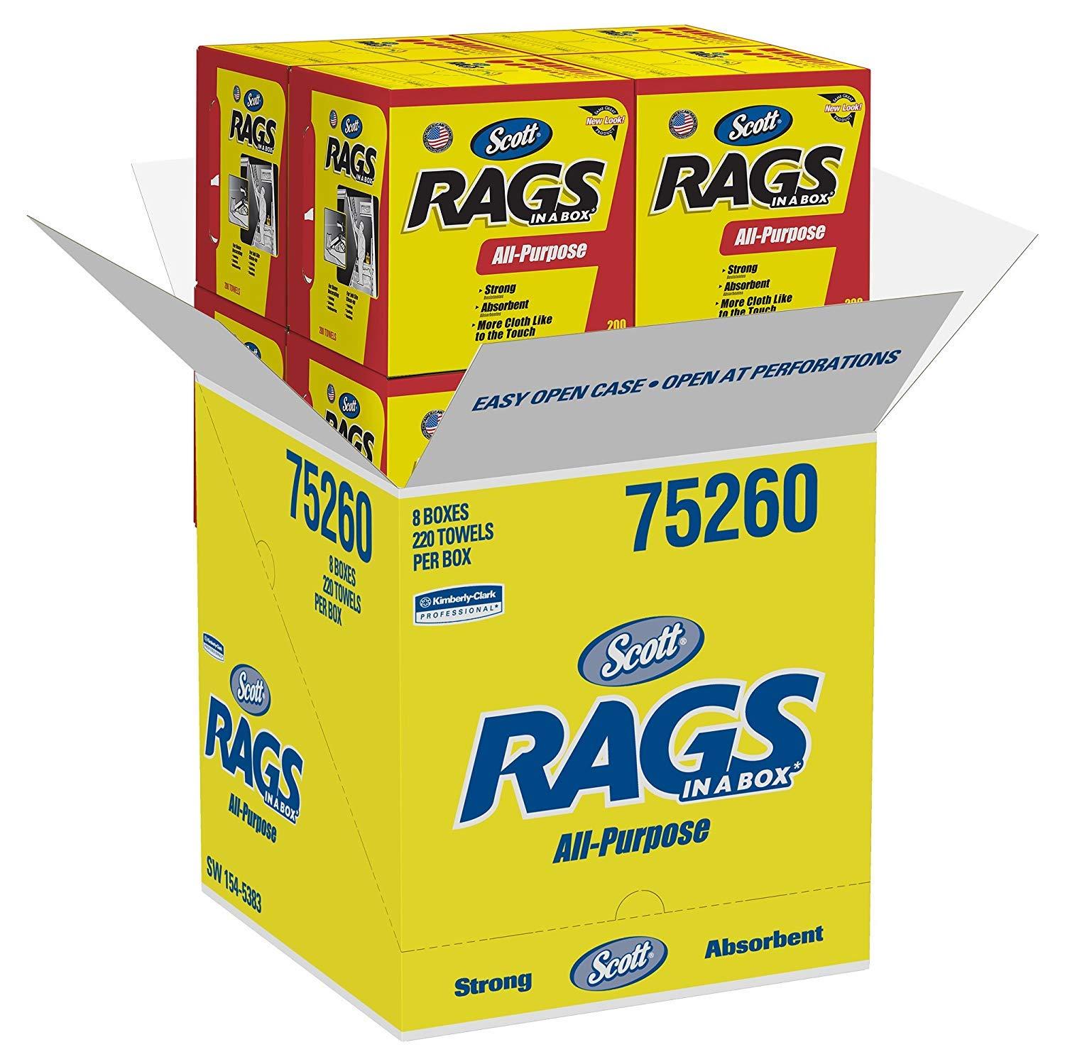 Scott Scott Rags in A Box 75260, White, 200 Shop Towels/Box, 8 Boxes/Case,3 Pack