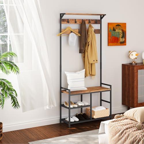 HOMEKOKO HOMEKOKO Coat Rack Shoe Bench, Hall Tree Entryway Storage Bench, Wood Look Accent Furniture with Metal Frame, 3-in-1 Design (Rustic Brown)