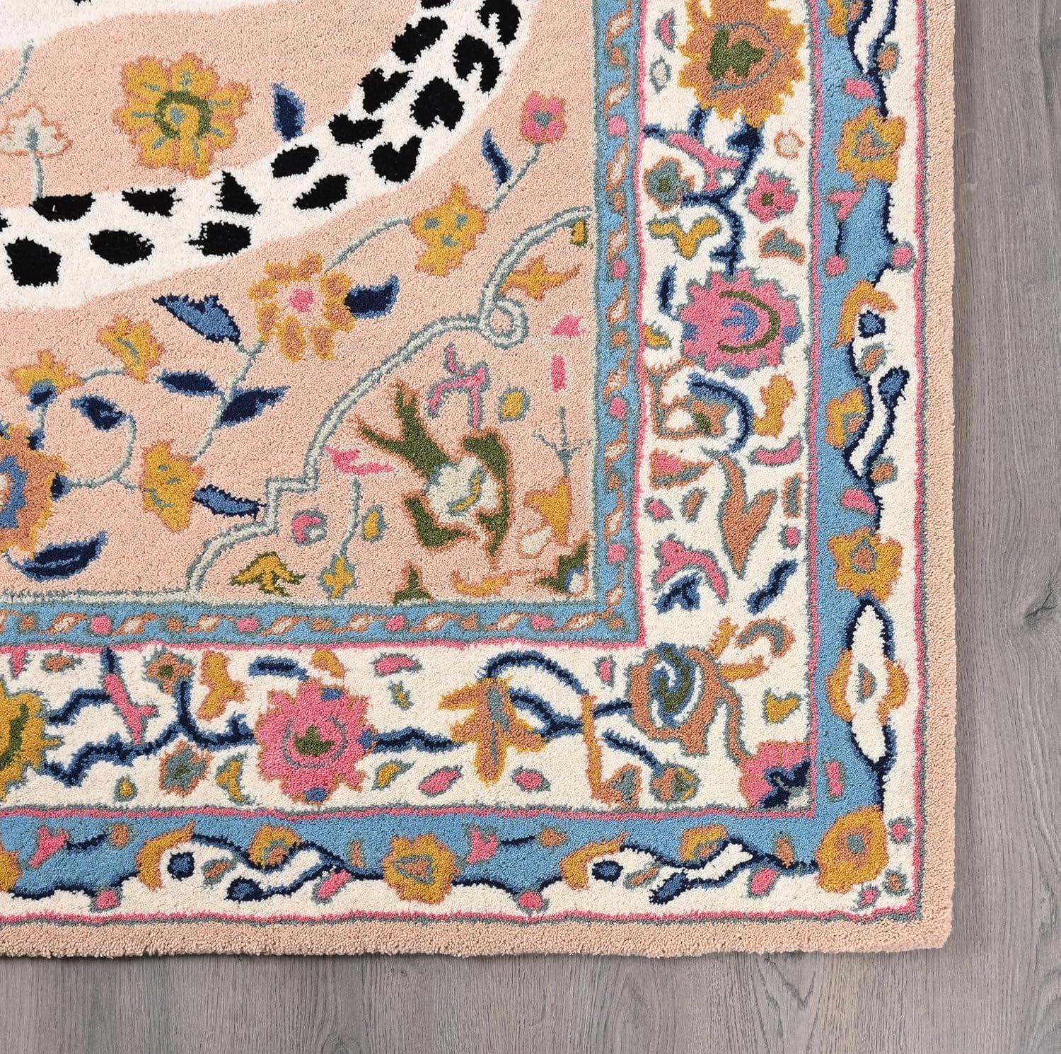 Restoration and Renovation Handmade Cheetah Wool Area Rug - Traditional Animal Print Design with Modern Twist | Large, Plush, Thick & Soft Carpet with Vibrant Floral Border - for Living Room, Bedroom (Soft Pink, 9' Round)