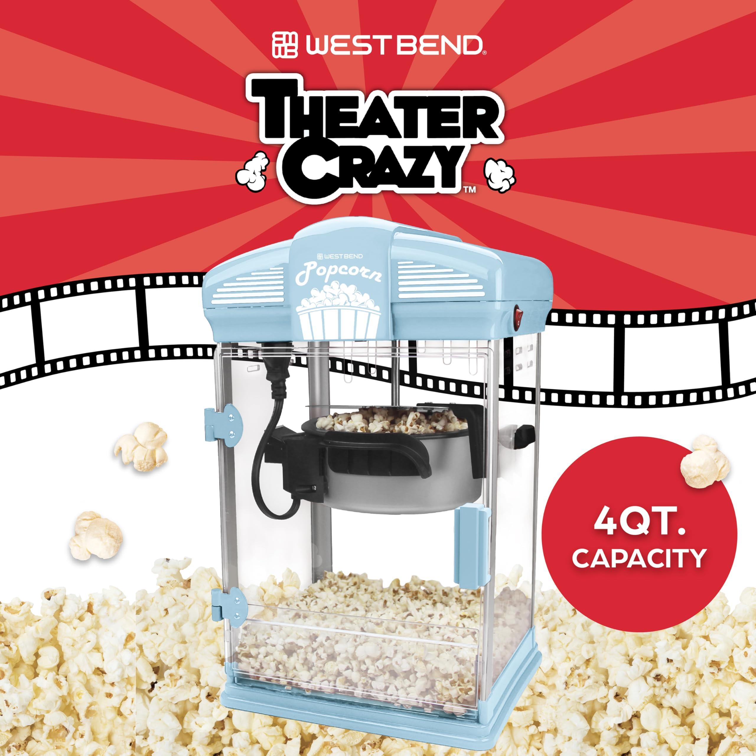 West Bend West Bend Stir Crazy Movie Theater Popcorn Popper, Gourmet Popcorn Maker with Nonstick Popcorn Kettle, Measuring Tool and Scoop , 4 Qt, Blue