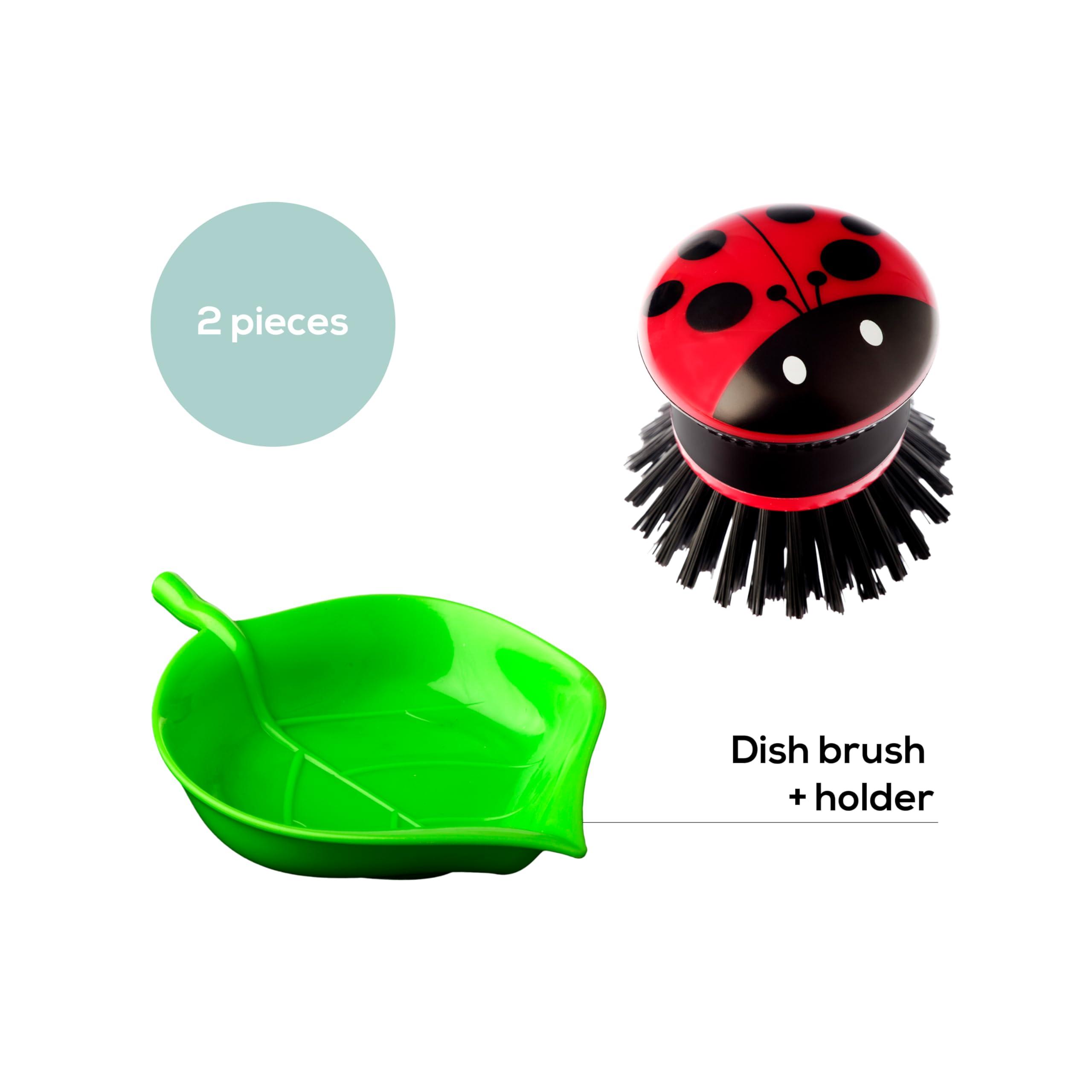 Vigar Vigar Ladybug Palm Dish Scrub Brush with Holder, Perfect Kitchen Brushes for Dishes, Sink Brush and Cleaning Brushes for Household Use, Red, Green