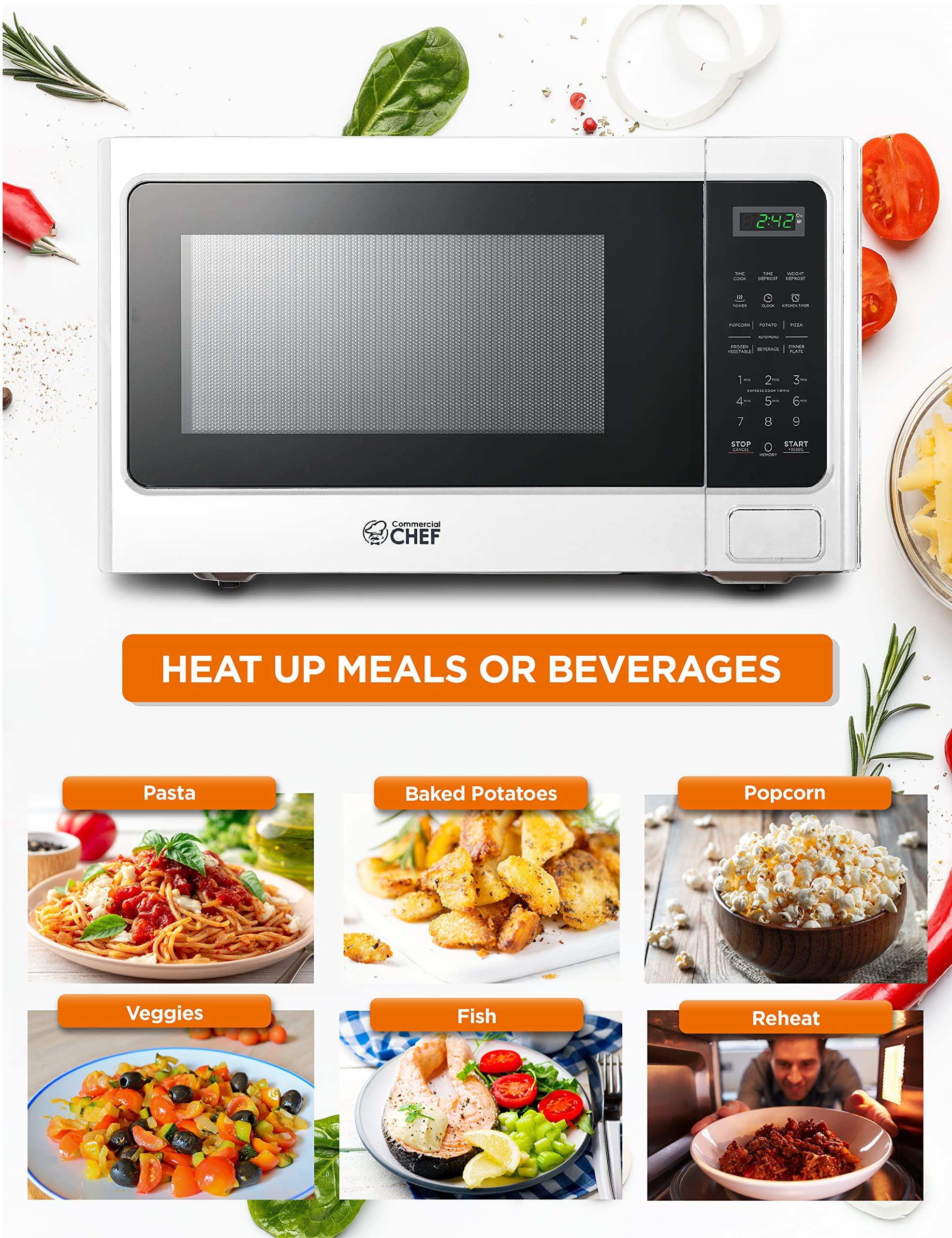 Commercial CHEF COMMERCIAL CHEF Microwave 1.3 Cu Ft with 10 Power Levels, Microwave with Push Button Door Lock, 1000W Countertop Microwave with Timer and Digital Controls, White