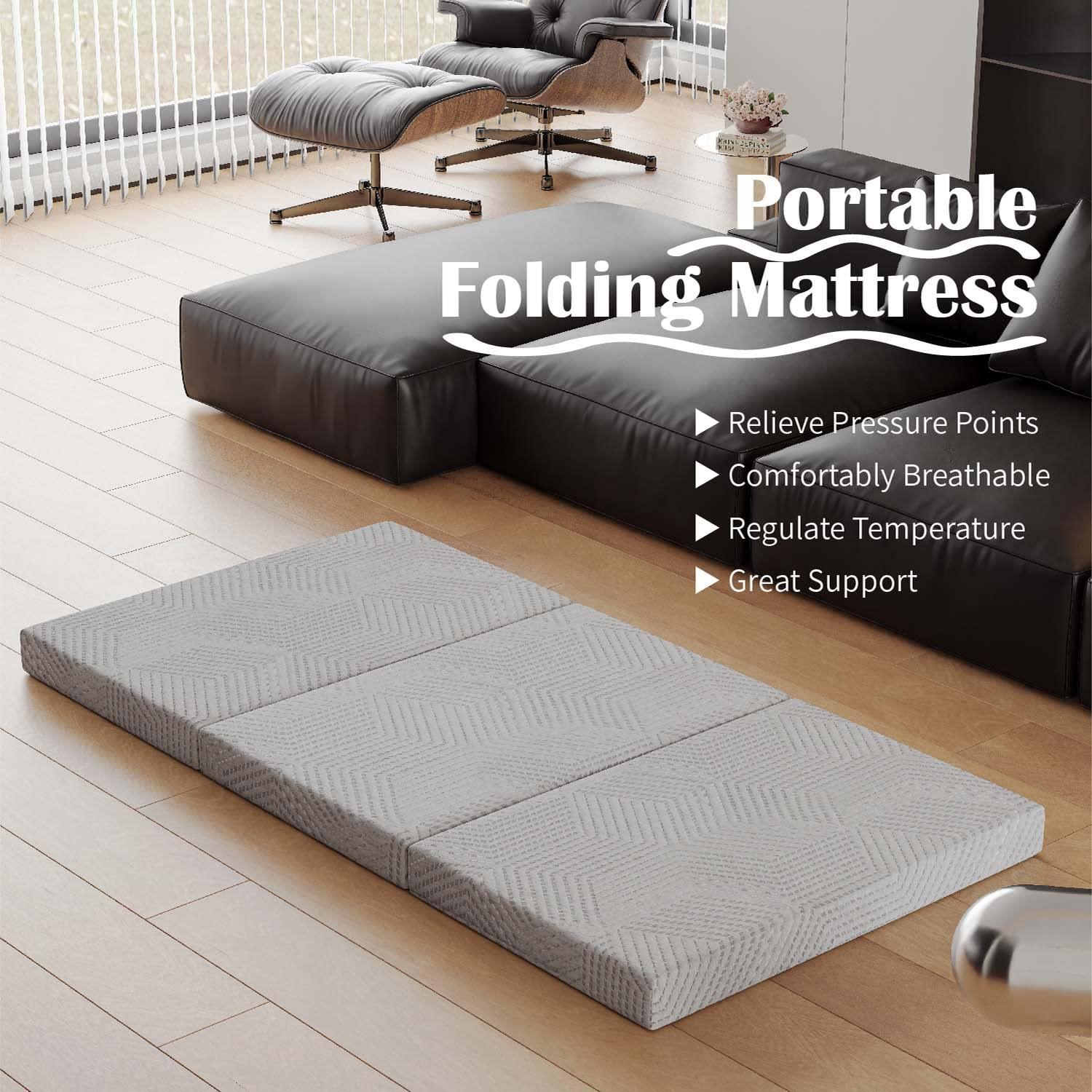 Dyonery Dyonery Folding Mattress, 4 Inch Full CertiPUR-US Certified Memory Foam Foldable Camping Mattress with Washable Cover, 75\"54\"4\", Grey