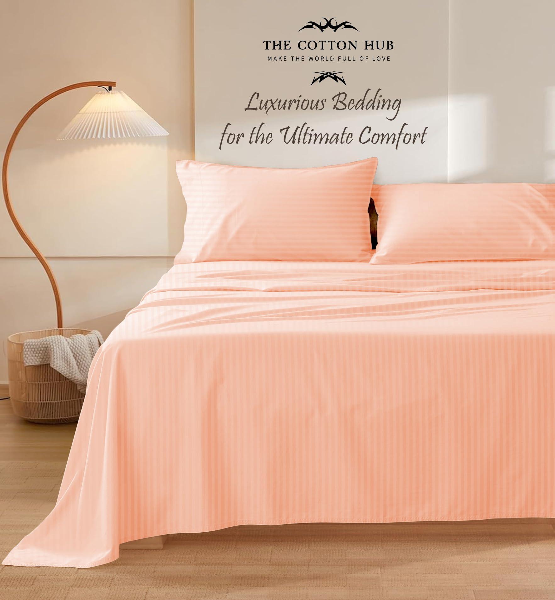 The Cotton Hub Cal-King Size 4-Piece Sheet Set 600 Thread Count Premium Soft Combed Cotton Bed Sheets fits up to 14-16 inch Deep Pocket (Stripe, Peach)