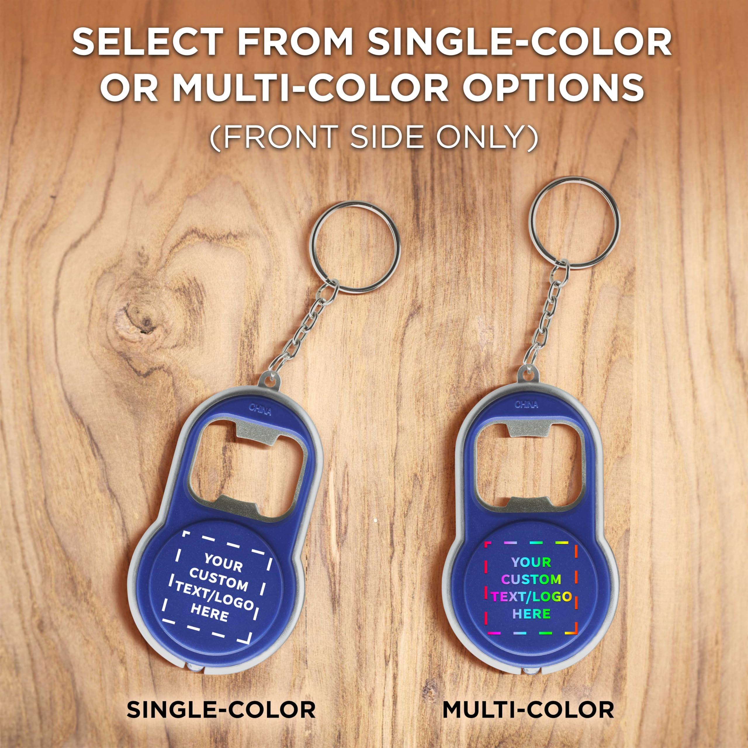 DISCOUNT PROMOS DISCOUNT PROMOS Custom Bottle Opener & LED Keychains Set of 50, Personalized Bulk Pack - Perfect for Tradeshows, Party Favors, Other Events - Blue