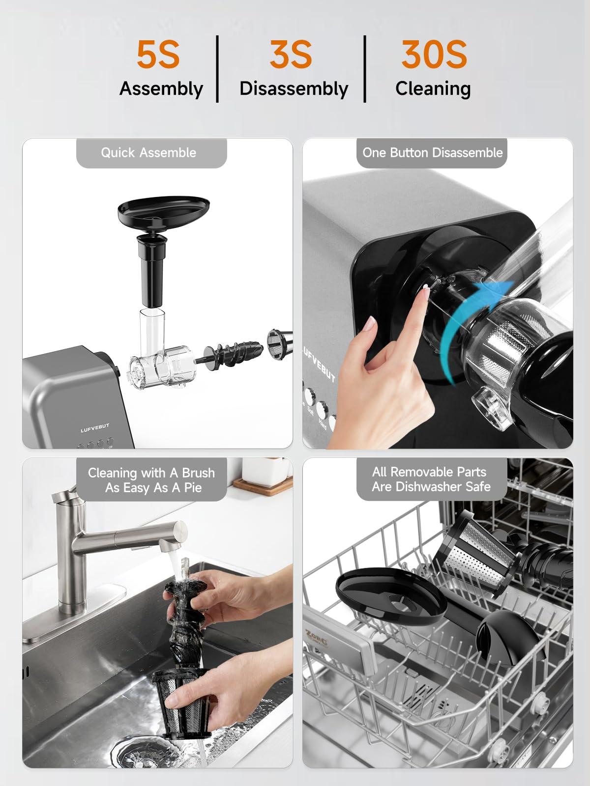 LUFVEBUT Slow Juicer Machine for Vegetables and Fruits Cold Press Masticating Juicer Extractor Celery Wheatgrass Leafy Greens Carrot Ginger Beet, Easy to Clean Juicer BPA-Free Reverse Function,Dishwasher Safe