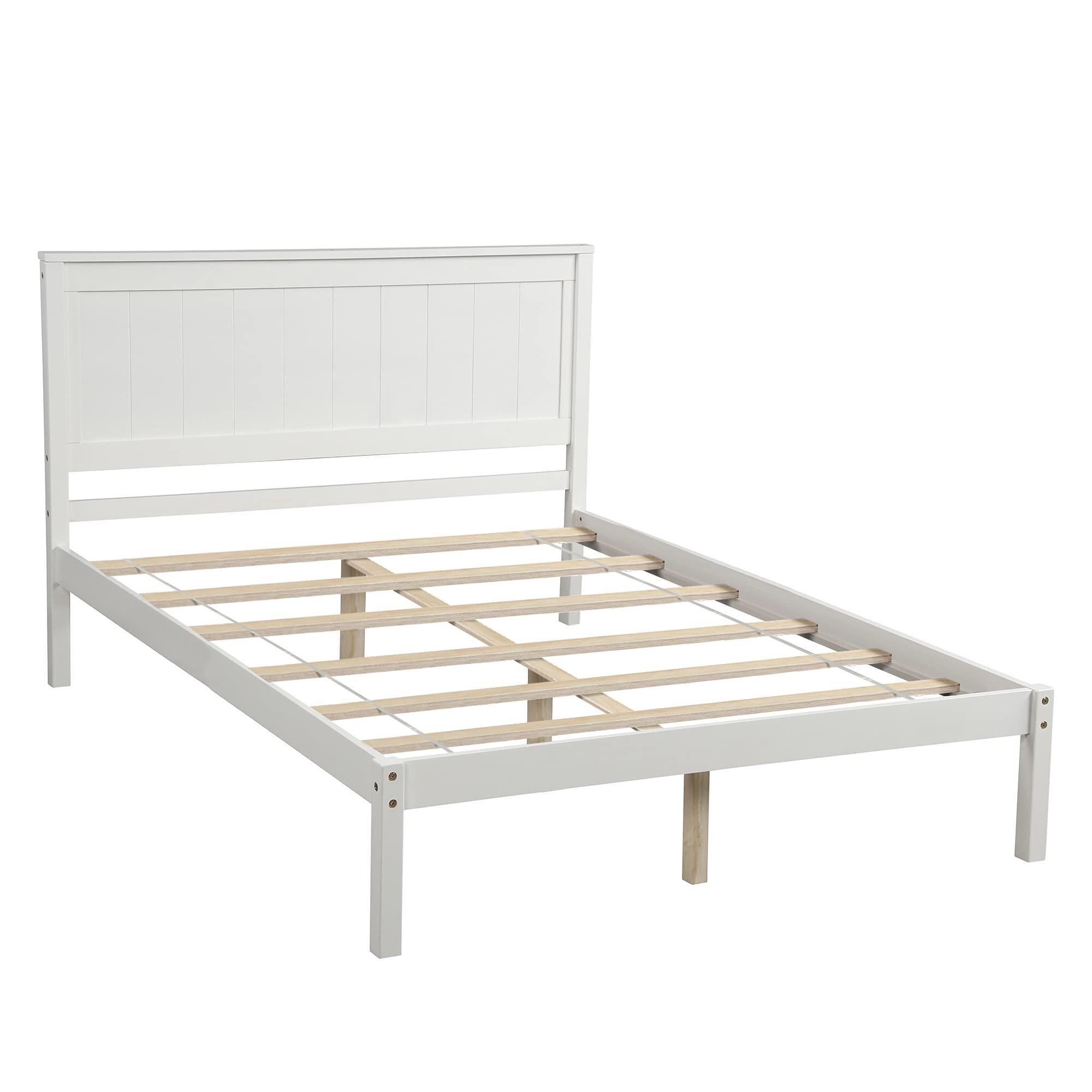 Bellemave Full Platform Bed with Headboard, Solid Wood Bed Frame with Center Support Feet, No Box Spring Needed, White