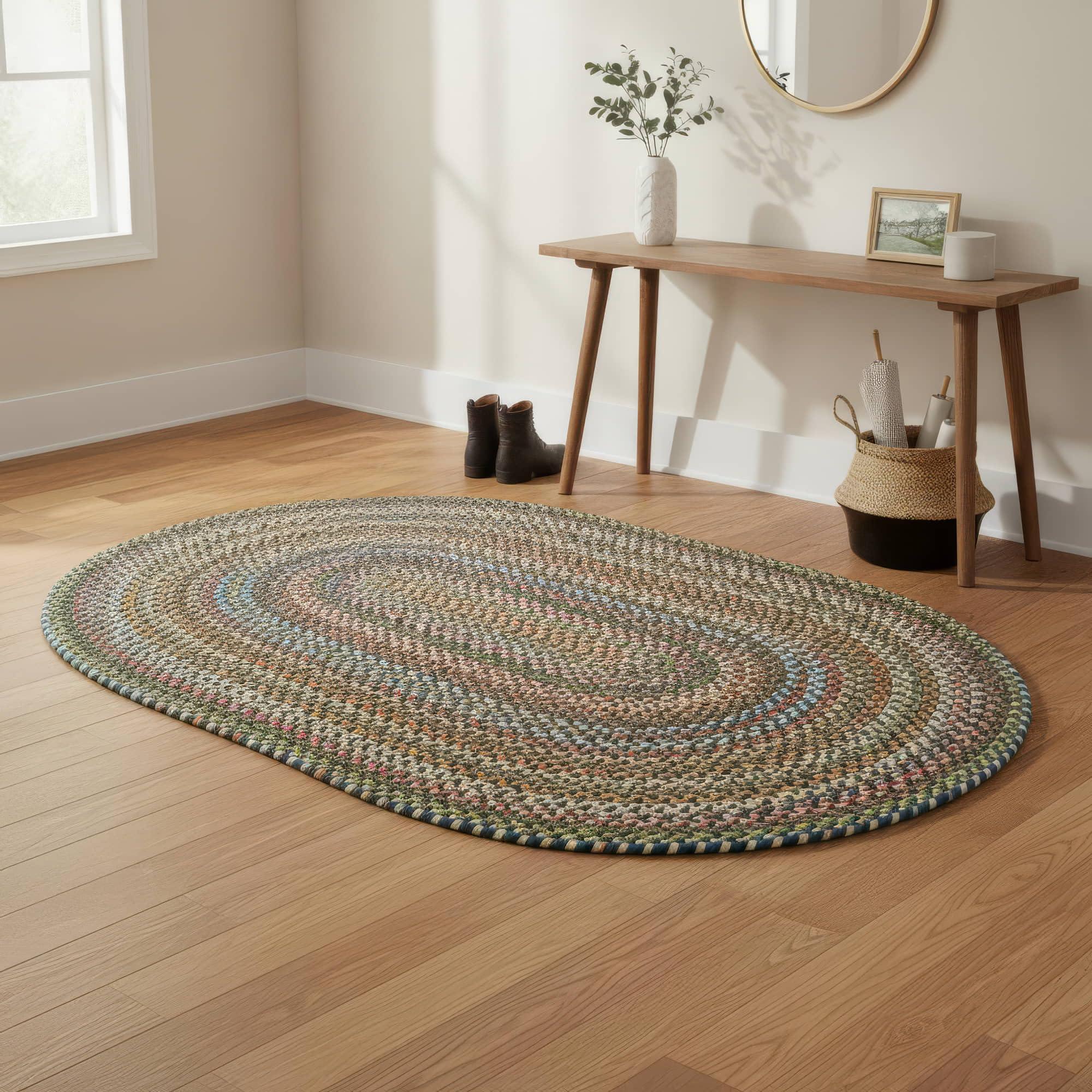 Super Area Rugs Super Area Rugs Roxbury American Made Braided Rug for Indoor Outdoor Spaces, Spruce Green/Natural Multi, 3' X 5' Oval