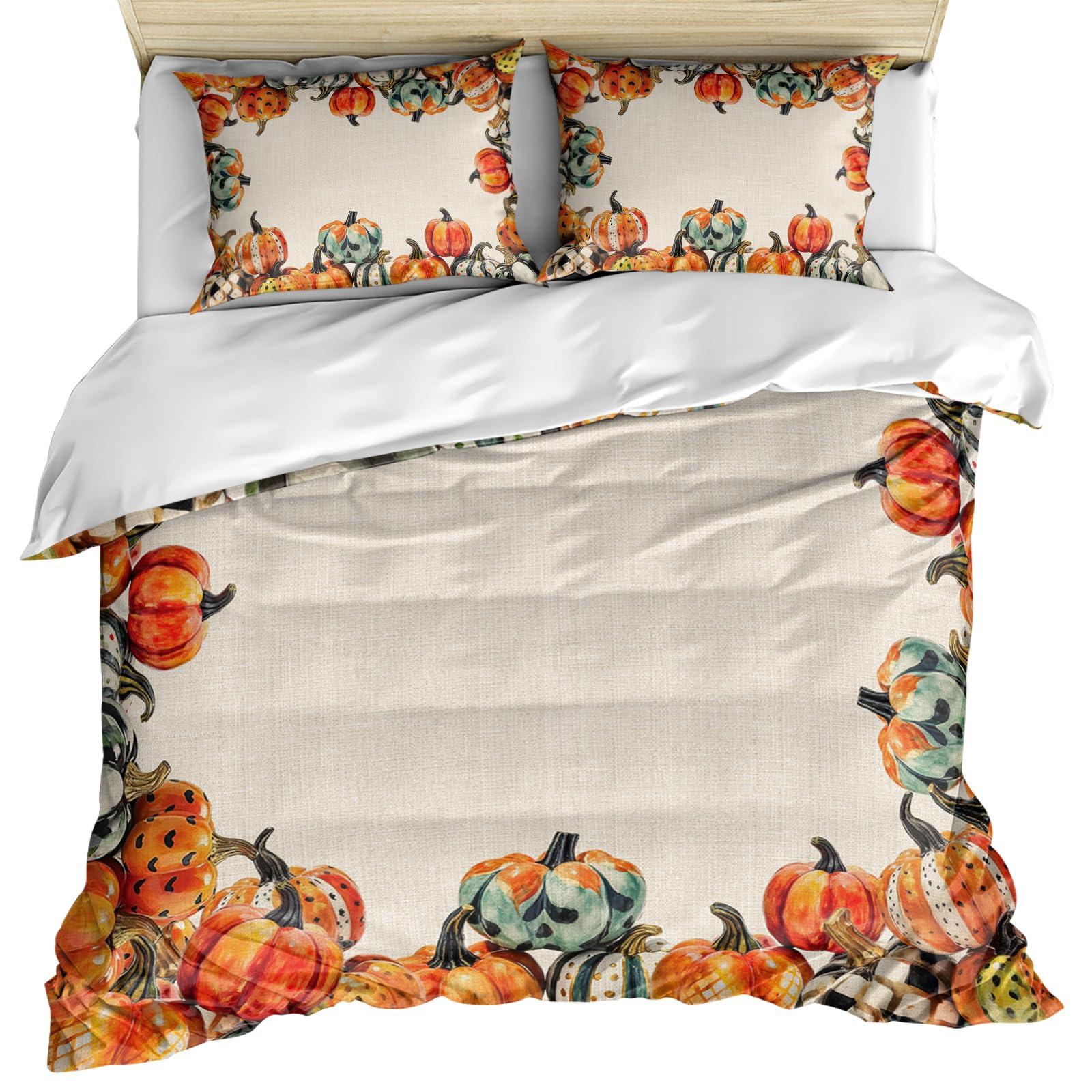 Debedcor Thanksgiving Duvet Cover Full Size, Polka Dot Plaid Paint Pumpkin Orange Green Burlap Comforter Cover with Zipper Closure, 3 Piece Bedding Sets 1 Duvet Cover 86x86 Inches and 2 Pillow Shams
