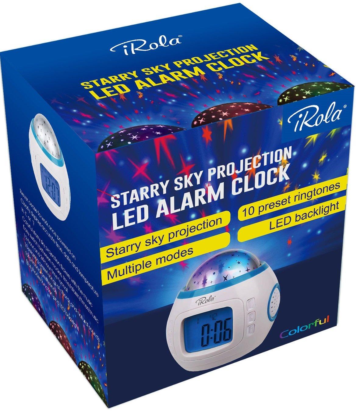 GPCT GPCT Starry Sky Projection LED Alarm Clock, Timer, & Music Player. Comes with 10 ringtones, Calender, & Thermometer. Displays Time in 12hr and 24hr time Modes - White