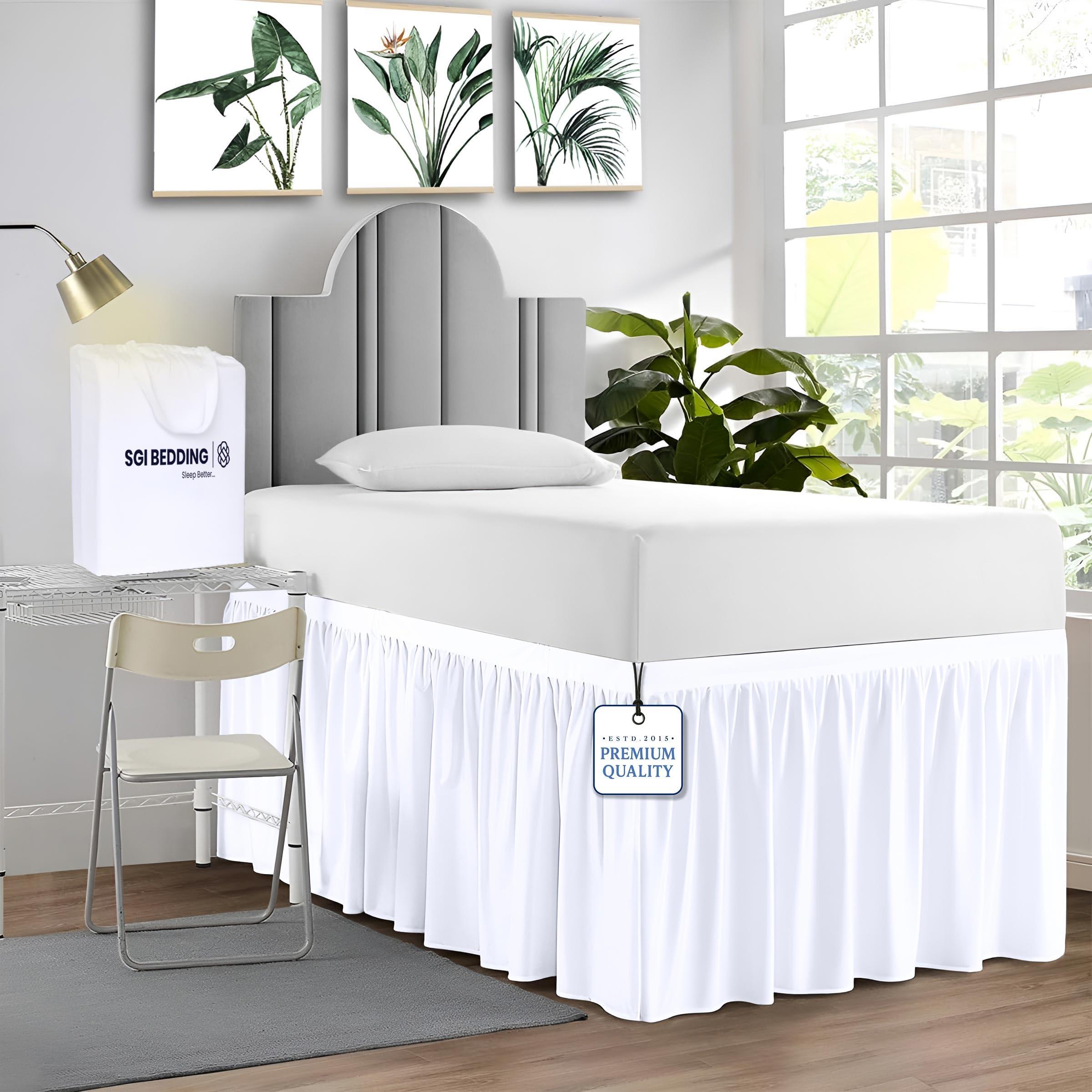 SGI bedding SGI bedding Dorm Bed Skirt Full XL 40 Inch Drop Length - White, Ruffled Pattern College Dorm Room Bed Skirts - Split Corner, Easy Care, Wrinkle Free 1800 Series Microfiber Bed Skirt