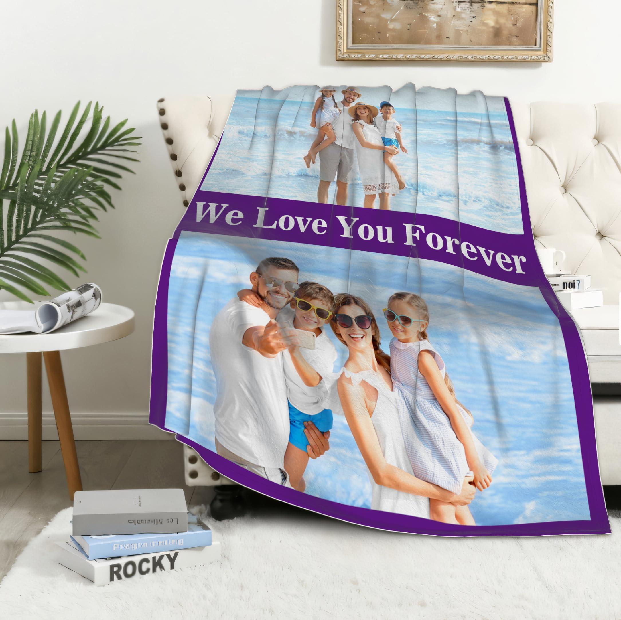 Pzwqkyn Personalized Blankets with Photos & Text, Customized Blankets with Pictures, Custom Throw Blankets for Adult Kid Birthday Christmas Halloween Fathers Mothers Valentines Day Gift, 40\" W x 50\" L