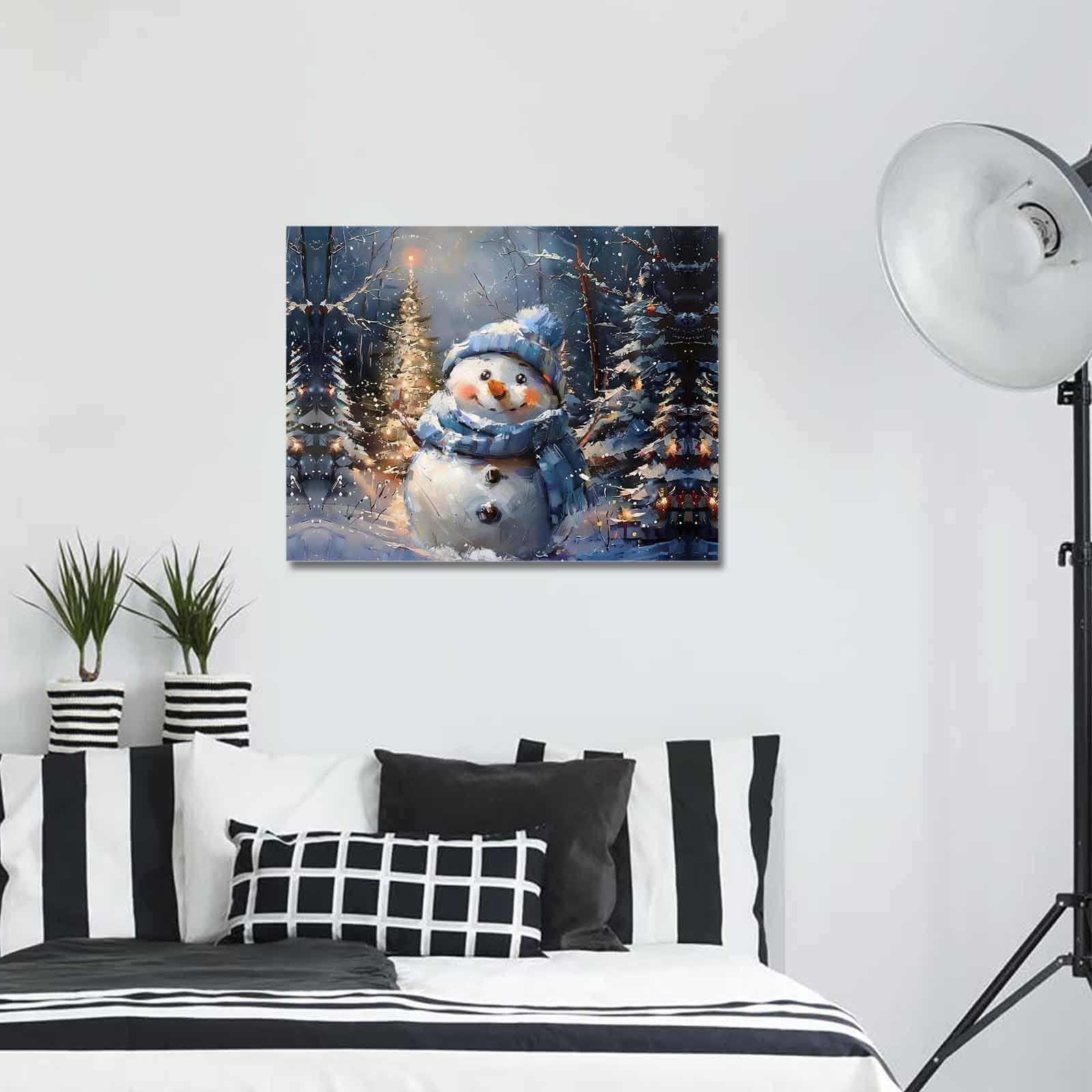 Shine-Home Shine-Home Blue Snowman Wall Art for Living Room/Bedroom, Christmas Tree Shabby Chic Forest Painting Canvas Bathroom Decor Wall Art Kitchen Office Framed Wood Oil Painting Picture, 20\"x24\"