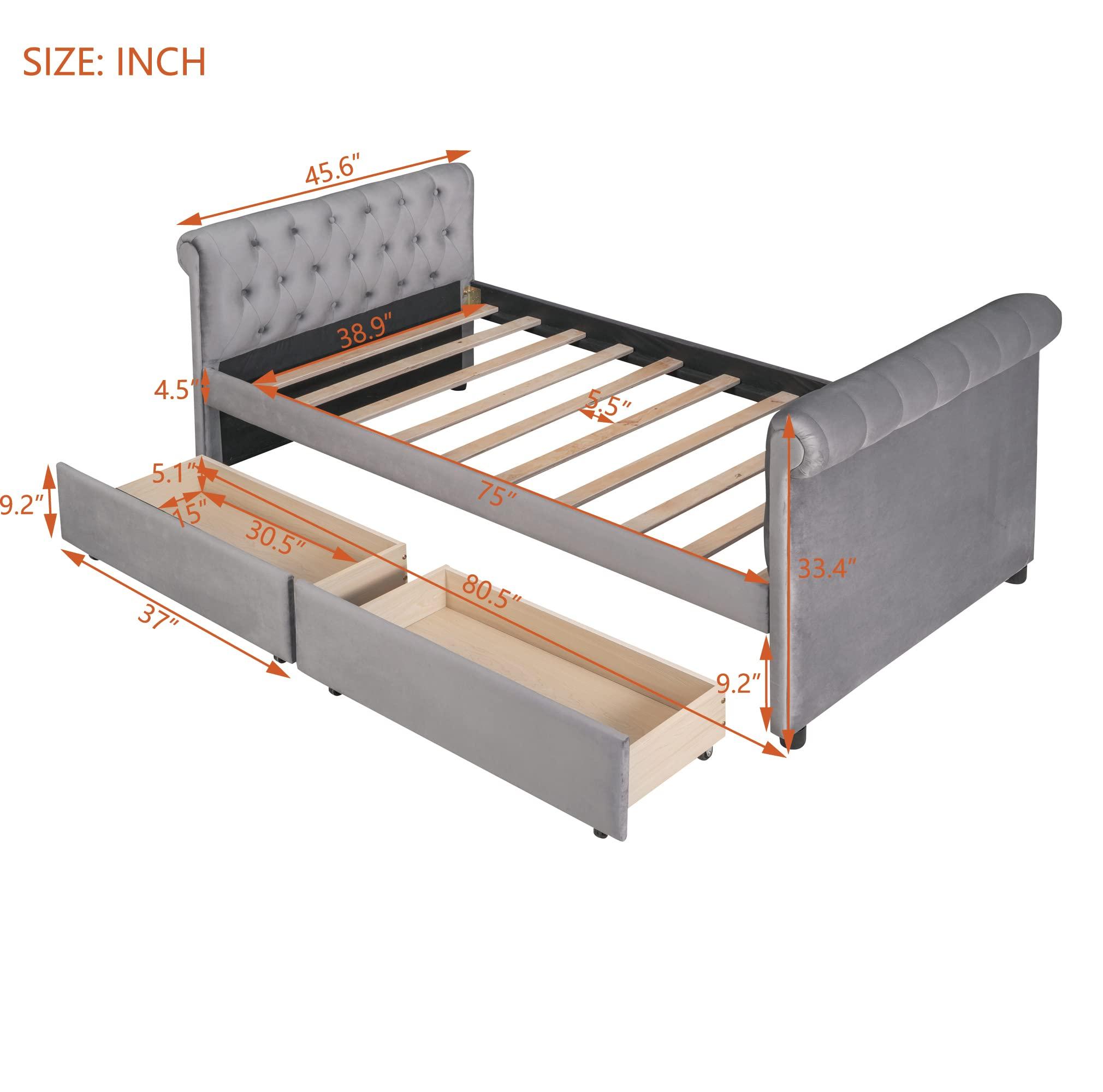TONDI Tufted Daybed with Storage Drawers, Twin Size Upholstered Daybed with Drawers, Velvet Sofa Couch Bed Grey,Sofa