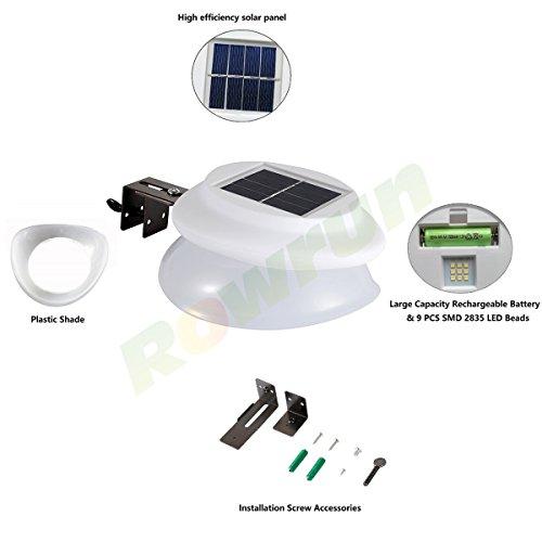 Rowrun Rowrun Solar Gutter Lights Outdoor Warm White 3000K Waterproof Smart LED Fence Light Dusk to Dawn 0.5W 100LM 9PCS 2835SMD Non Dimmable Safety Lamps for Stair Wall Corridor Walkway Garden Pack of 4