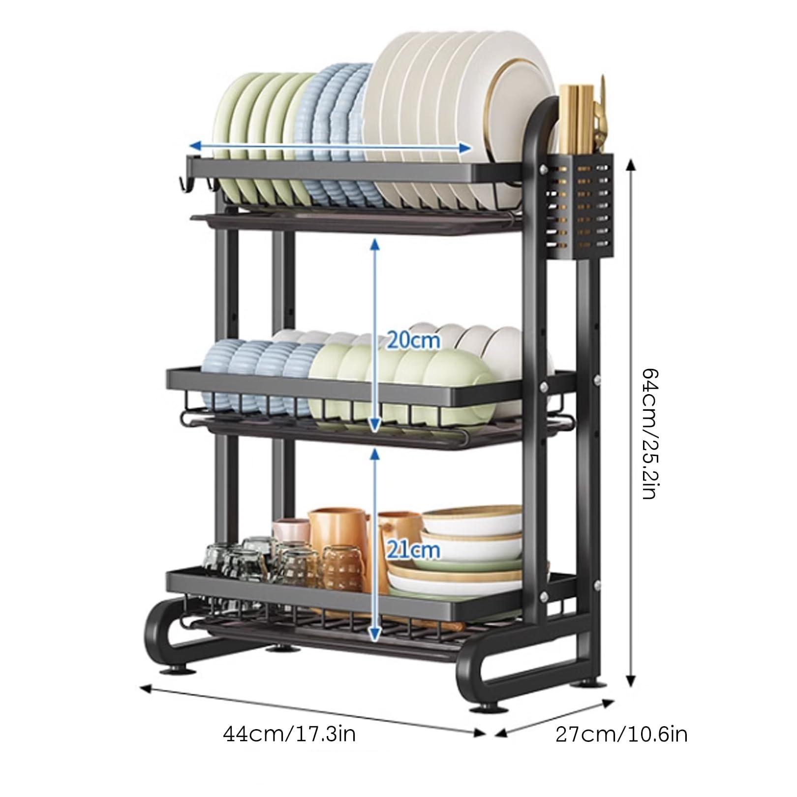 Generic 3 Tier Black Dish Drainer Rack with Drip Tray, Draining Dish Rack Drainer with Utensils Holder, Dish Drying Rack Kitchen Drainer for Small Kitchen Countertop