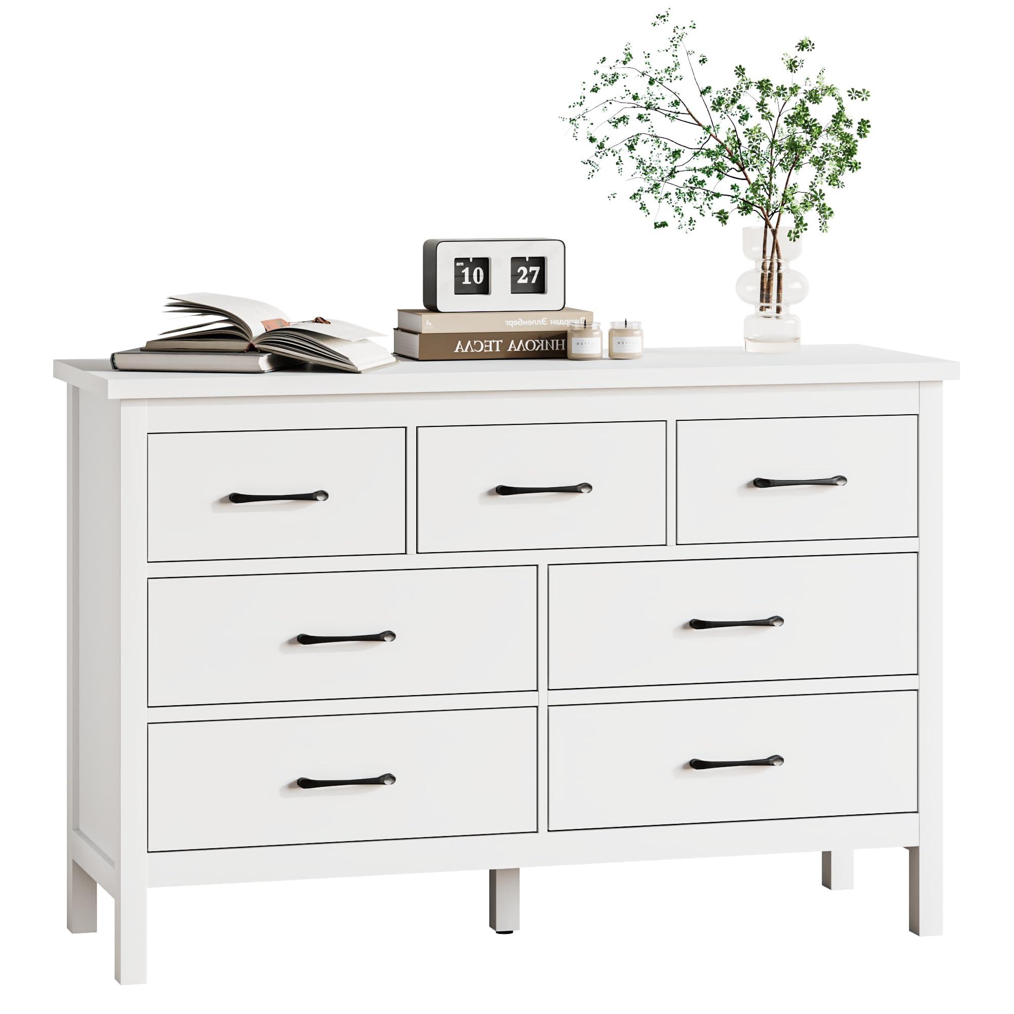 Tradare Tradare White Dresser for Bedroom with 7 Drawer,Wooden Double Dresser with Metal Handles, Wide Chest of Organizer Storage Drawers for Living Room, Hallway, Entryway