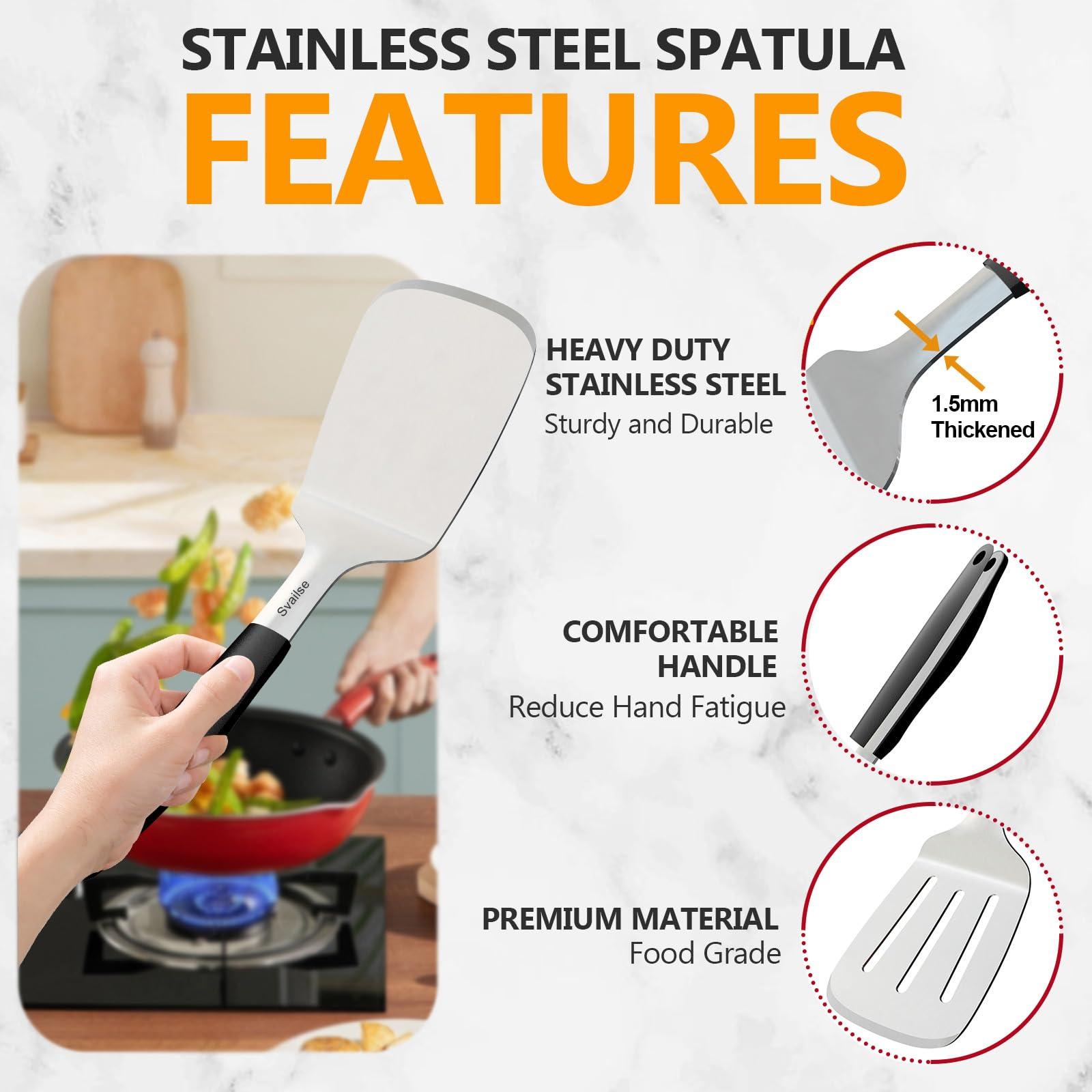 Svailse Svailse Stainless Steel Spatula, 13.4 Inch Metal Spatula for Kitchen Use, Heavy Duty Turner with Silicone Handle, Set of 2 Solid & Slotted Metal Turner for Cast Iron Skillet, Grilling and Cooking
