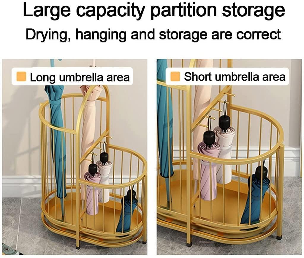 KYTGFH KYTGFH Umbrella Stand, Modern Metal Umbrella Rack, Umbrella Stand Holder for Entryway, Umbrella Stands Indoor with Drip Water Tray and 5 Fixing Hooks, Walking Stick Holders Part,Gold,Large