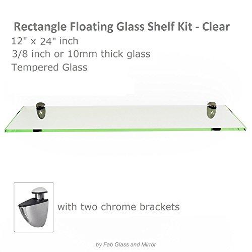 Fab Glass and Mirror Fab Glass and Mirror Rectangle Floating Glass Shelve, 12" X 24" Inches, 3/8 Thick Clear Glass with Flat Polished Edge-?Easy Installation with Screws, and Peacock Chrome Finish Brackets