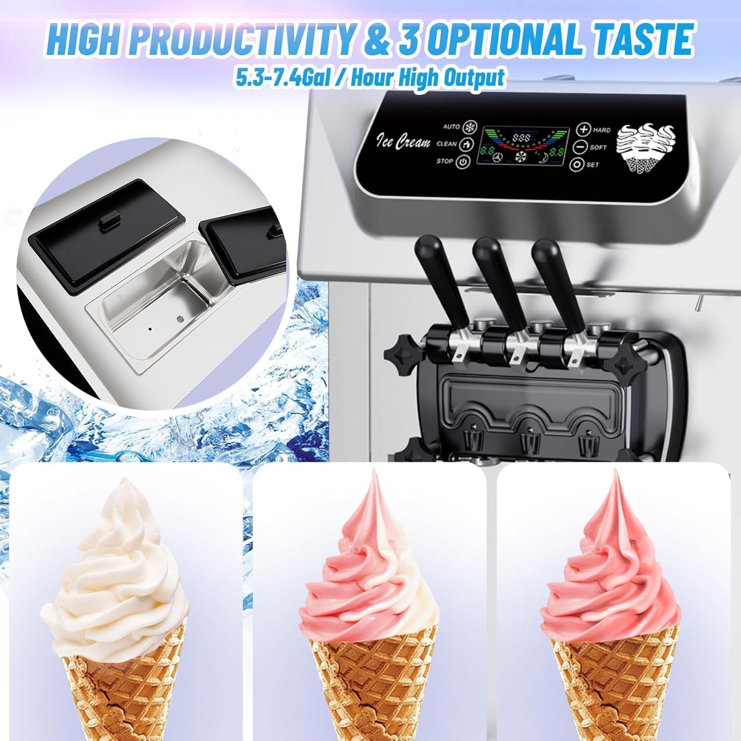 Entcook Entcook Commercial Ice Cream Maker, 3 Flavors, 20-28L/H Yield, LCD Panel, Auto Clean, 2200W Countertop Soft Serve Machine w/ 2x7L Hopper, Frozen Yogurt Maker for Restaurant Snack Bar US plug