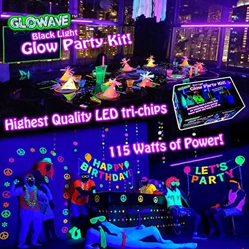 Glow Party World Black Lights for Glow Party! 115W Blacklight LED Strip kit. 4 UV Lights to Surround Your neon Party. Ultraviolet Lighting for Big Rooms. Easy Set up! Glow in The Dark Party Supplies. Fiesta Luz Negra