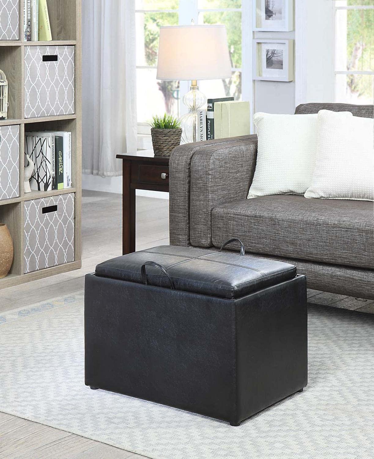Convenience Concepts Convenience Concepts Designs4Comfort Accent Storage Ottoman 22.75\" - Modern Foot Stool with Decorative Tray for Living Room, Dining Room, Office, Black Faux Leather