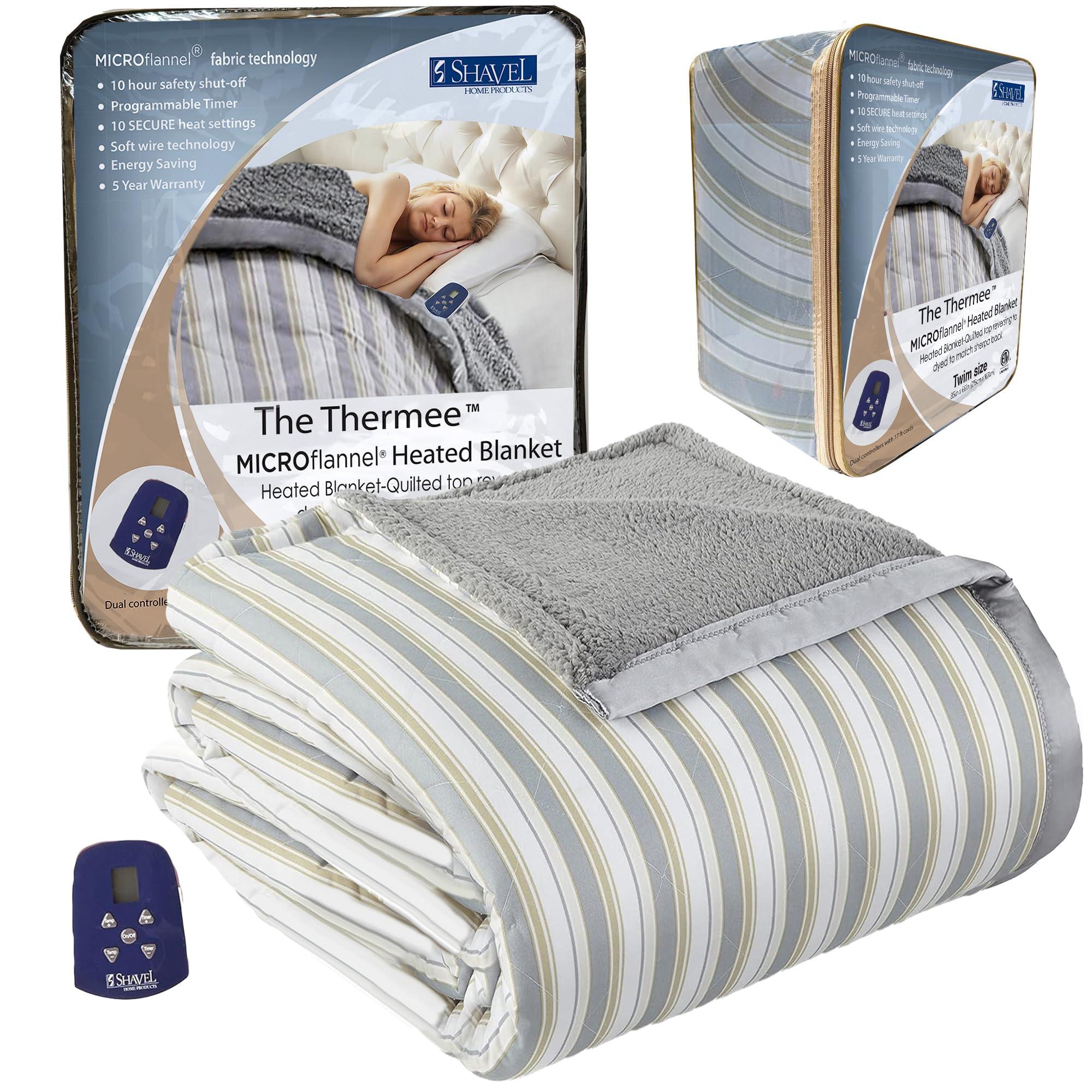 Thermee Thermee Micro Flannel Heated Blanket with Sherpa back, 10-Setting Electric Blanket Twin Size, Programmable Heating Blanket, Ultra-Soft Heated Throw Blanket, Fast Heating Thermal Blanket - City Stripe